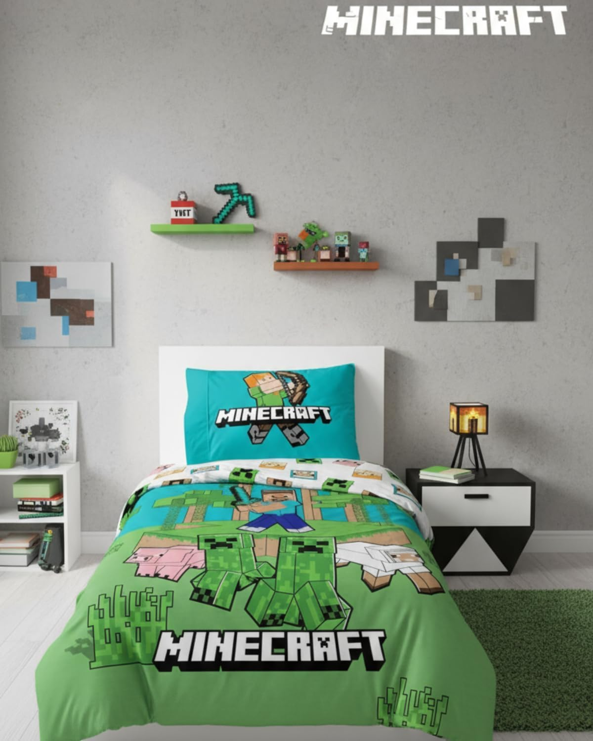 Minecraft Bedlinen Single Size | Duvet Cover 140X200 Cm + Pillowcase 60X65 Cm, 100% Cotton | Soft, Colorful & Reversible Bedding Set for Kids | Minecraft ''Jungle Explore'' Design - Blue image number 6