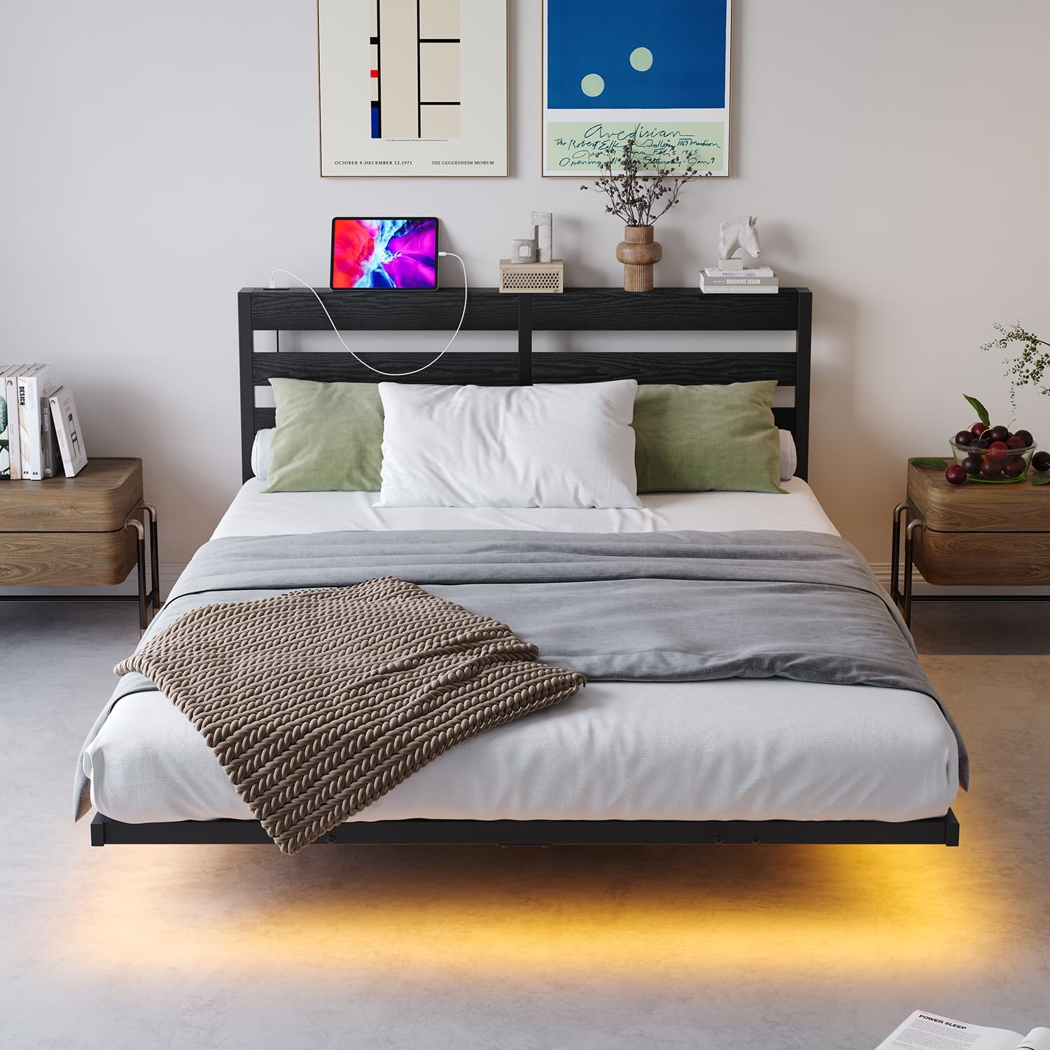 Double Floating Bed Frame with LED Lights and Storage Headboard &Charging Station, Metal Platform Bed Frame with Heavy Duty Steel Slats Black,No Box Spring Needed image number 2