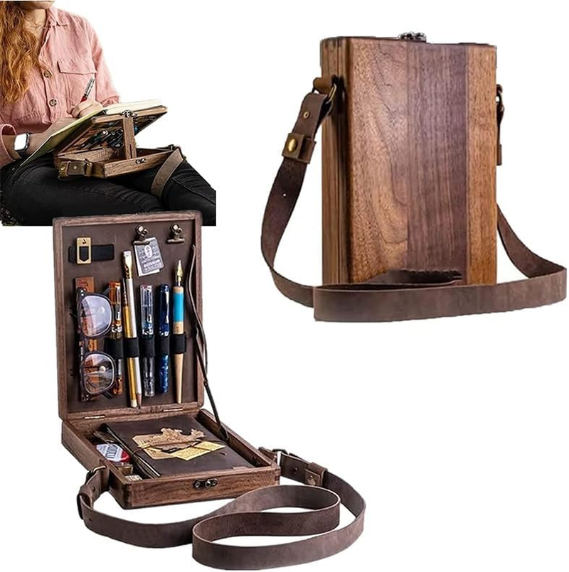 Wooden Artist Messenger Box &ndash; Handmade Multifunctional Crossbody Postman Bag, Portable Painting Brush Tool Storage Sketch Box Easel for Outdoor Supplies (Brown) image number 6