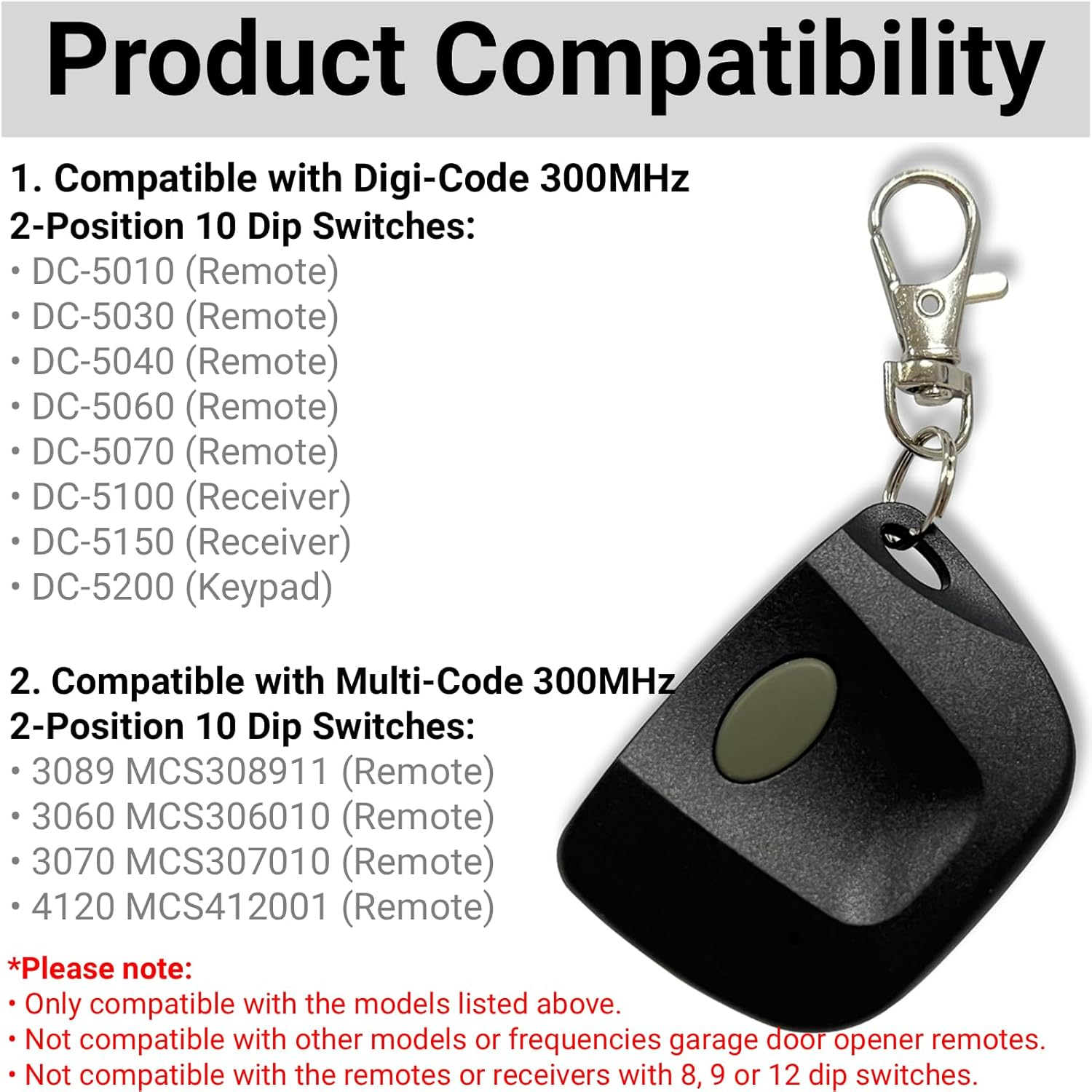 QSDIYRF Gate/Garage Door Remote Compatible with Digi-Code DC-5010 DC-5030 DC-5040 DC-5060 DC-5070, Garage Remote Work for Multi-Code 3089 300Mhz 10 Dip Switches Mini Transmitter (1 Channel, 1 Pack) image number 3