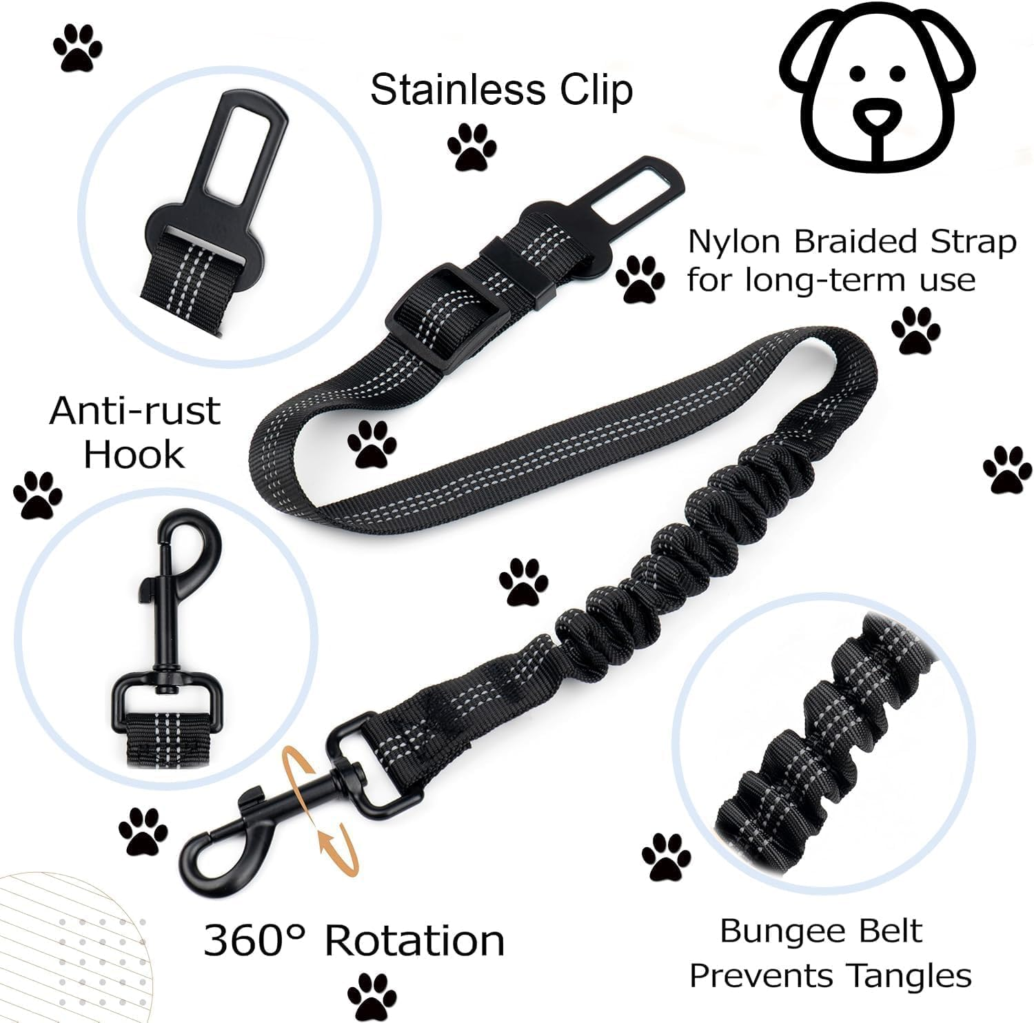 Universal Adjustable Dog Seat Belt for Car Travel,Elastic Buckle Dog Car Harness with Strong Nylon Buffer(Black,1) image number 2