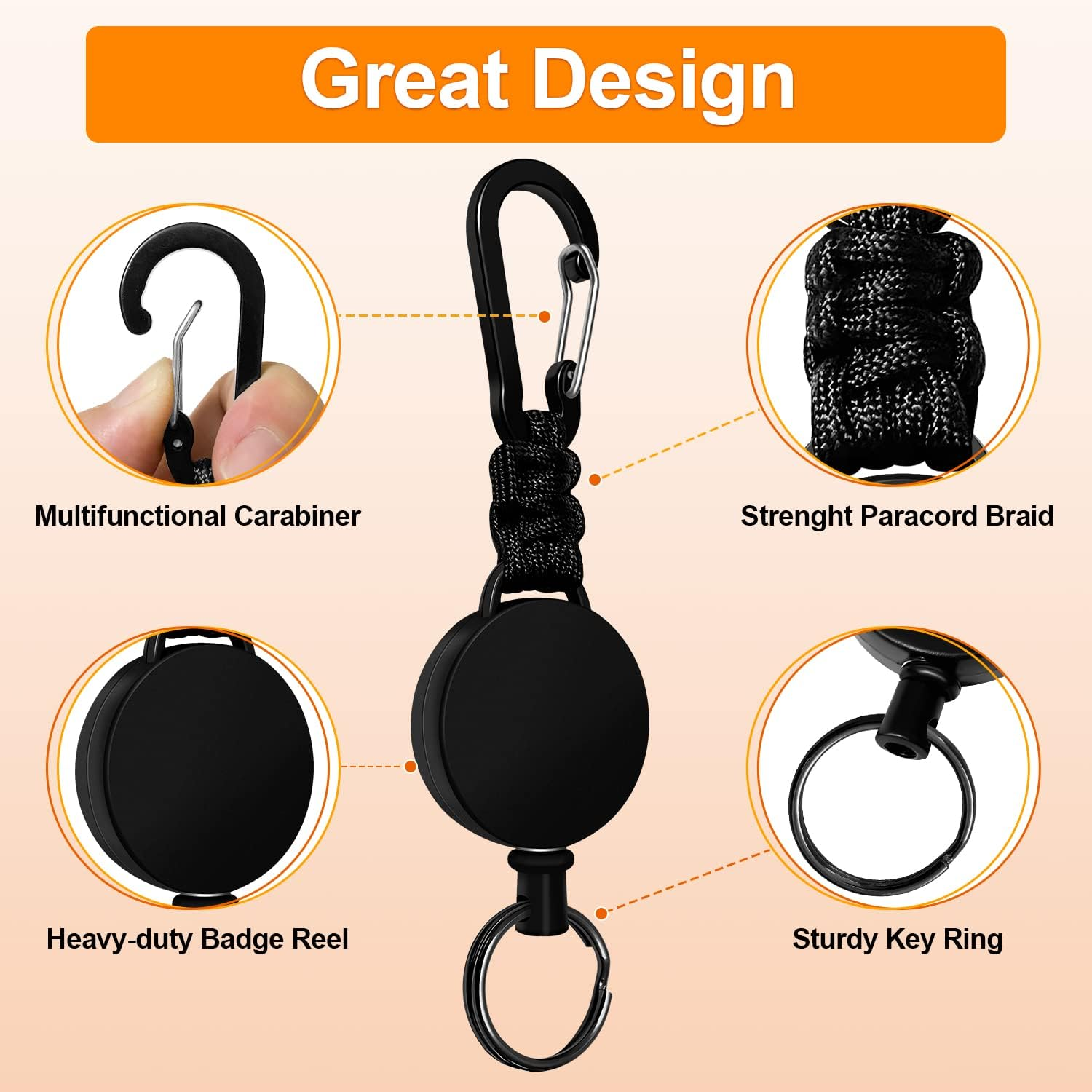 Retractable Keychain 3 Pack Heavy Duty Carabiner Badge Holder Extendable Badge Reel with 60Cm Steel Cord - Black+Orange+Green image number 4
