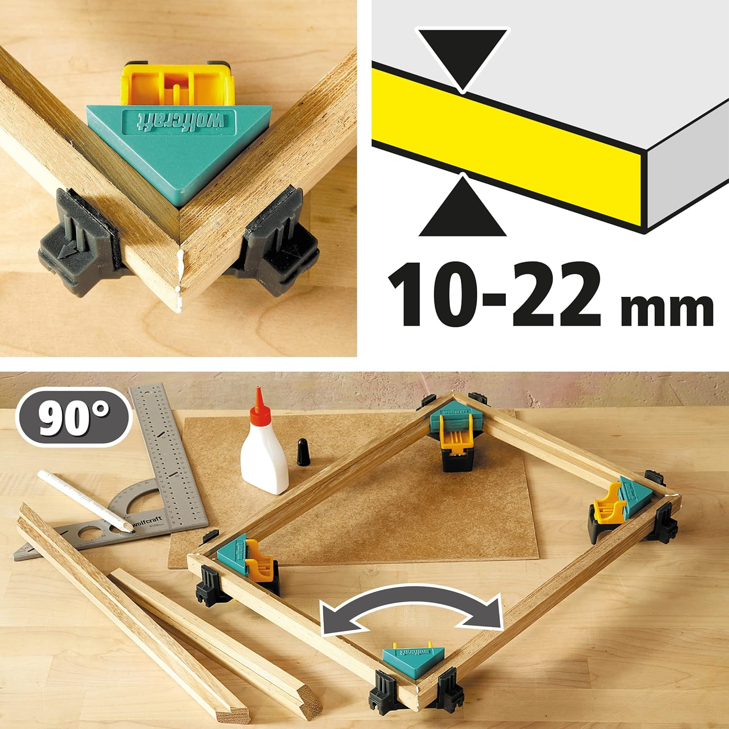 Wolfcraft Project Set for Right-Angle Clamping I 8626000 I 4 X ES 22 Corner Clamps as Ideal Mounting Aid for Screwing or Gluing Boards Together at a 90&deg; Angle image number 3