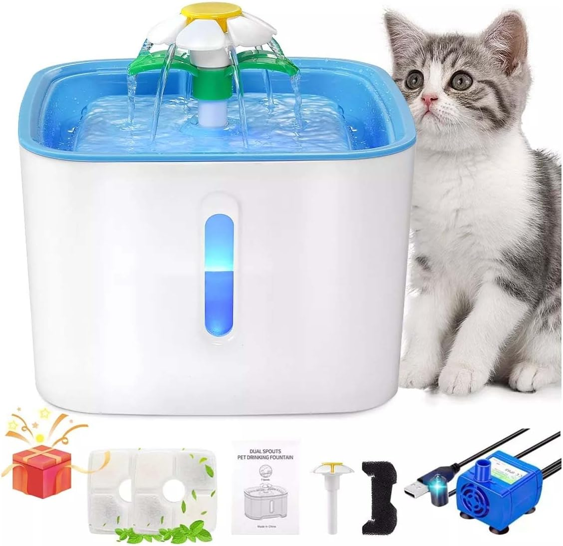 2.5L Cat Water Fountain Ultra Silent Pet Fountain,Smart Automatic Drinking Fountain,With Filtration System,Led Night Vision,Automatic Power-Off Due to Water Shortage,Suit for Cat,Dog Water Fountains