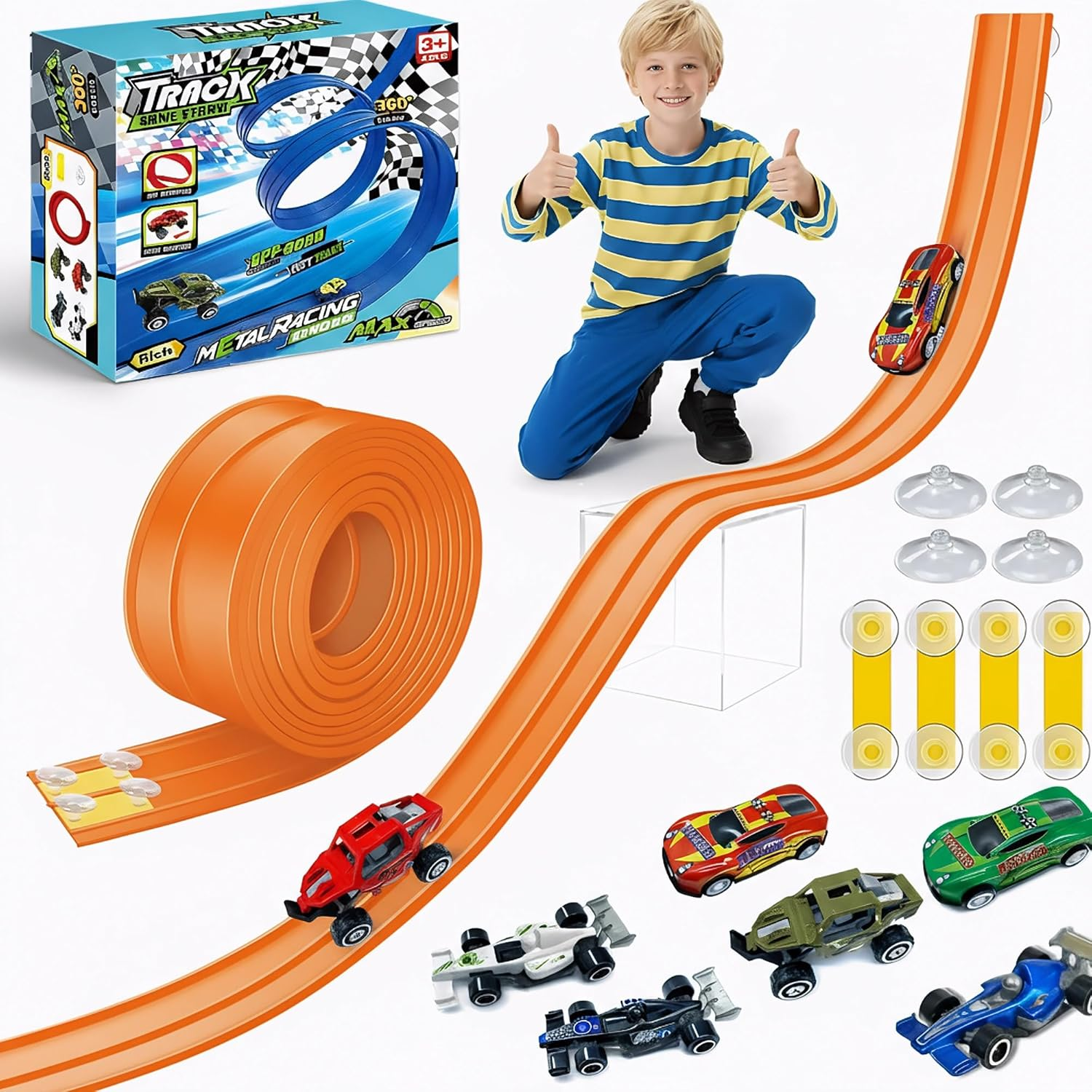 16Ft /500Cm Flex Tracks Car Track Set &ndash; Flexible Race Car Ramp Track with 6 Small Racecars &Suction Cups, Compatible with Hot Wheels &1:64 Diecast Vehicles, Portable Roll-Up Racetrack for Kids Ages 3+