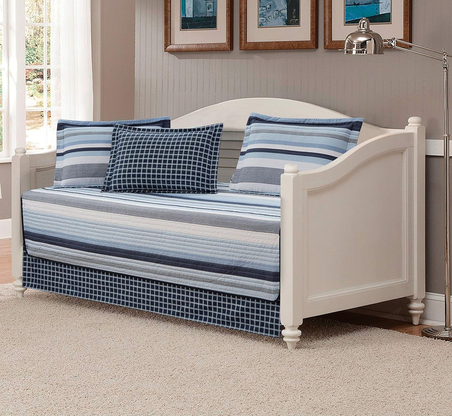 Mk Collection 5Pc Daybed Set Stripes Plaid Navy Blue Light Blue White New