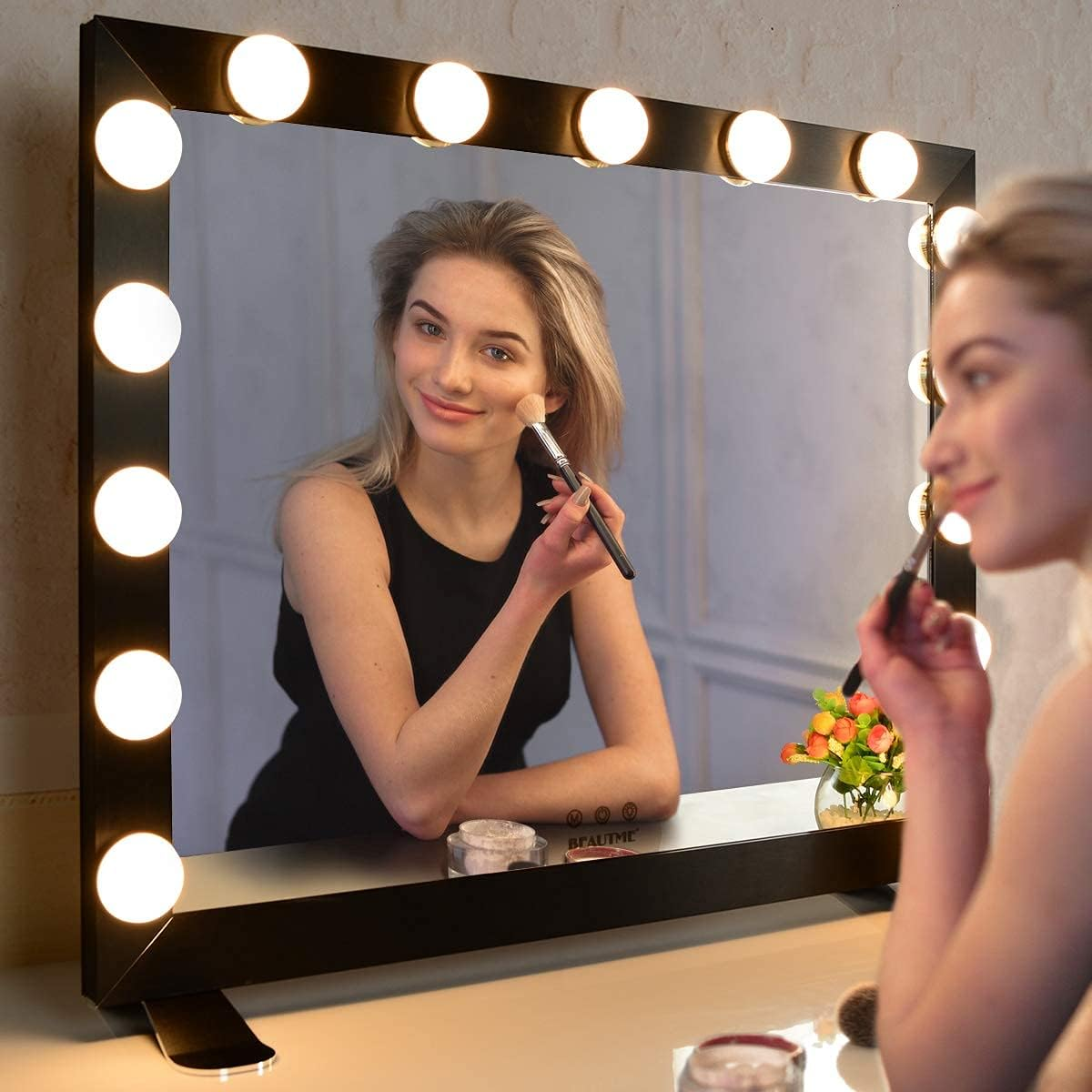 BEAUTME Hollywood Mirror,Lighted Vanity Mirror with Lights,Large Dressing Mirror Illuminated Cosmetic Makeup Mirror with LED Bulbs.Aluminum Bedroom Wall Mirror (Black, 68*55.2Cm) image number 2