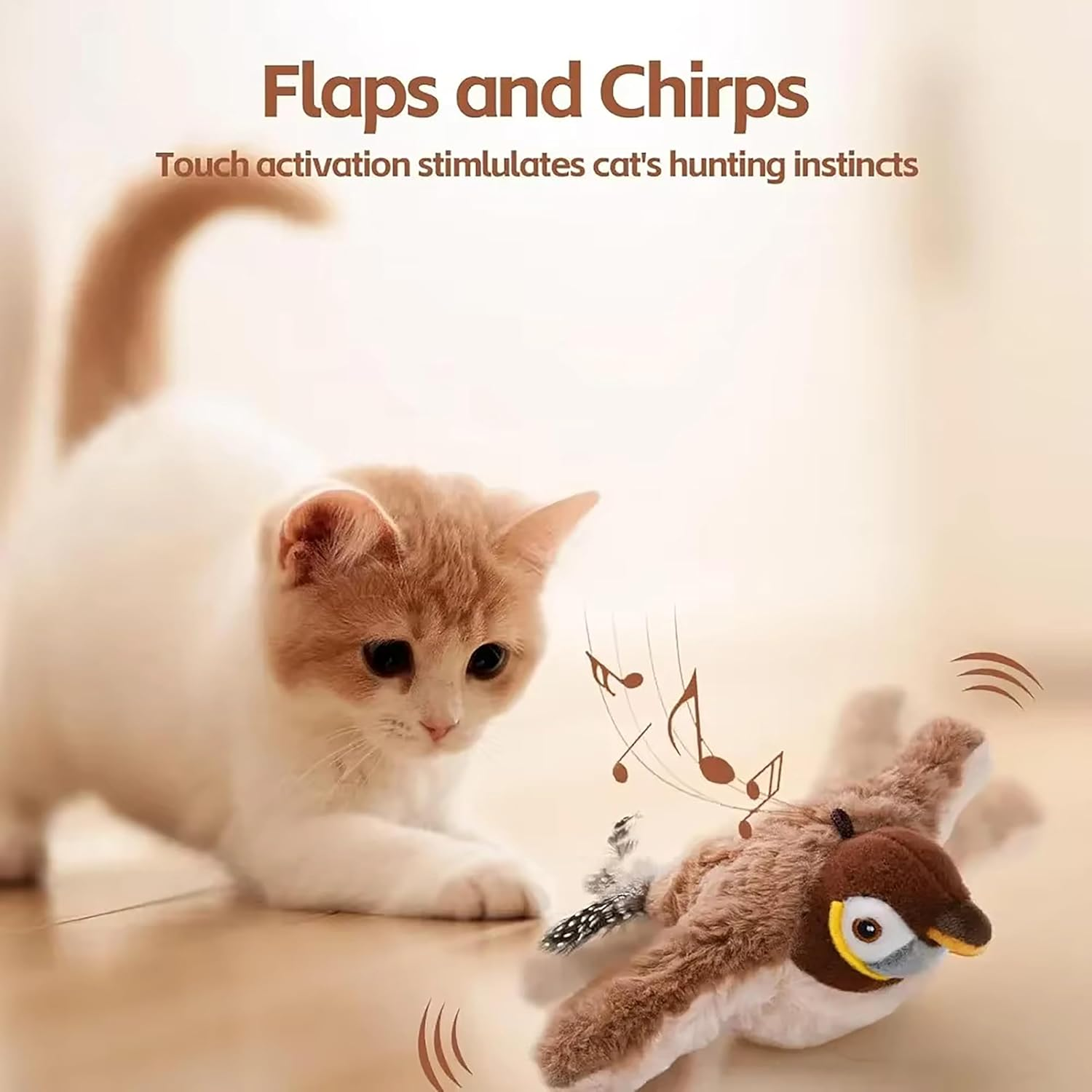 Costec Interactive Cat Toys, Rechargeable Flapping Wings Sparrow Catnip Toys, Chirping Toy, Simulation Bird Interactive Automatic, Cat Toy for Kitten Exercise, Fluffy Plush Pet Toys, Touch Activated