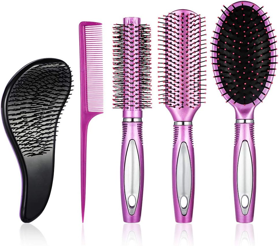 5 Pieces Hair Brush Set Detangling Brush Paddle Brush round Hair Brush Tail Comb Wet Dry Brush for Women Men Hair Styling (Black)