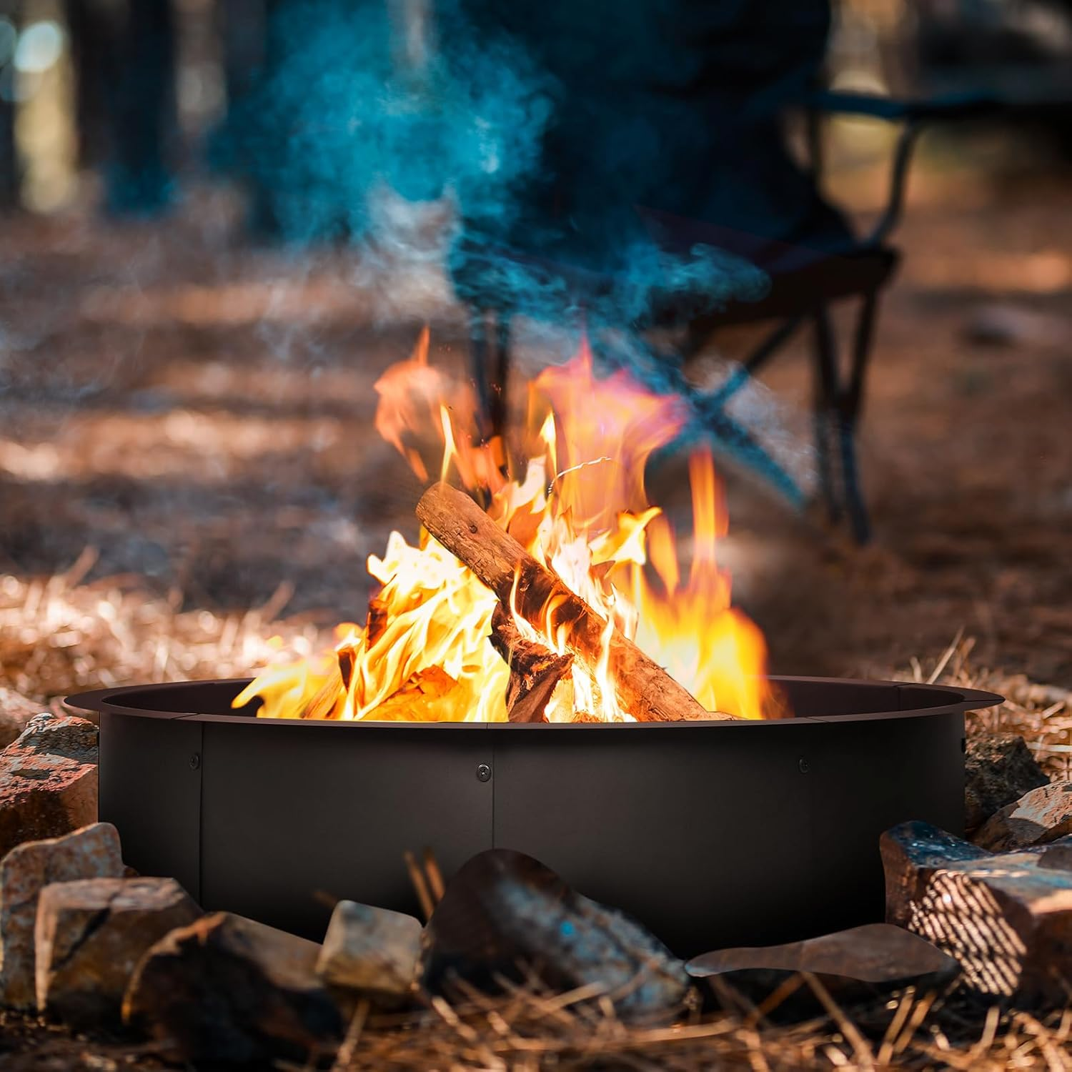 Outdoor Fire Pit Ring Insert, Fire Ring for Outside, Liner 46-Inch Outer/43-Inch Inner Diameter, Large round Wood Burning Firepits Rim Insert for Backyard Bonfire, Patio, Camping, Black