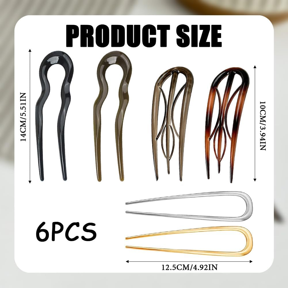 Pack of 6 French Hair Pins, U-Shaped Hair Clips Made of Resin for Women, Large French Hair Pins with 3 Prongs for Thick Hair, Anti-Stress Hair Clips for Wedding, Party, Everyday Use image number 3