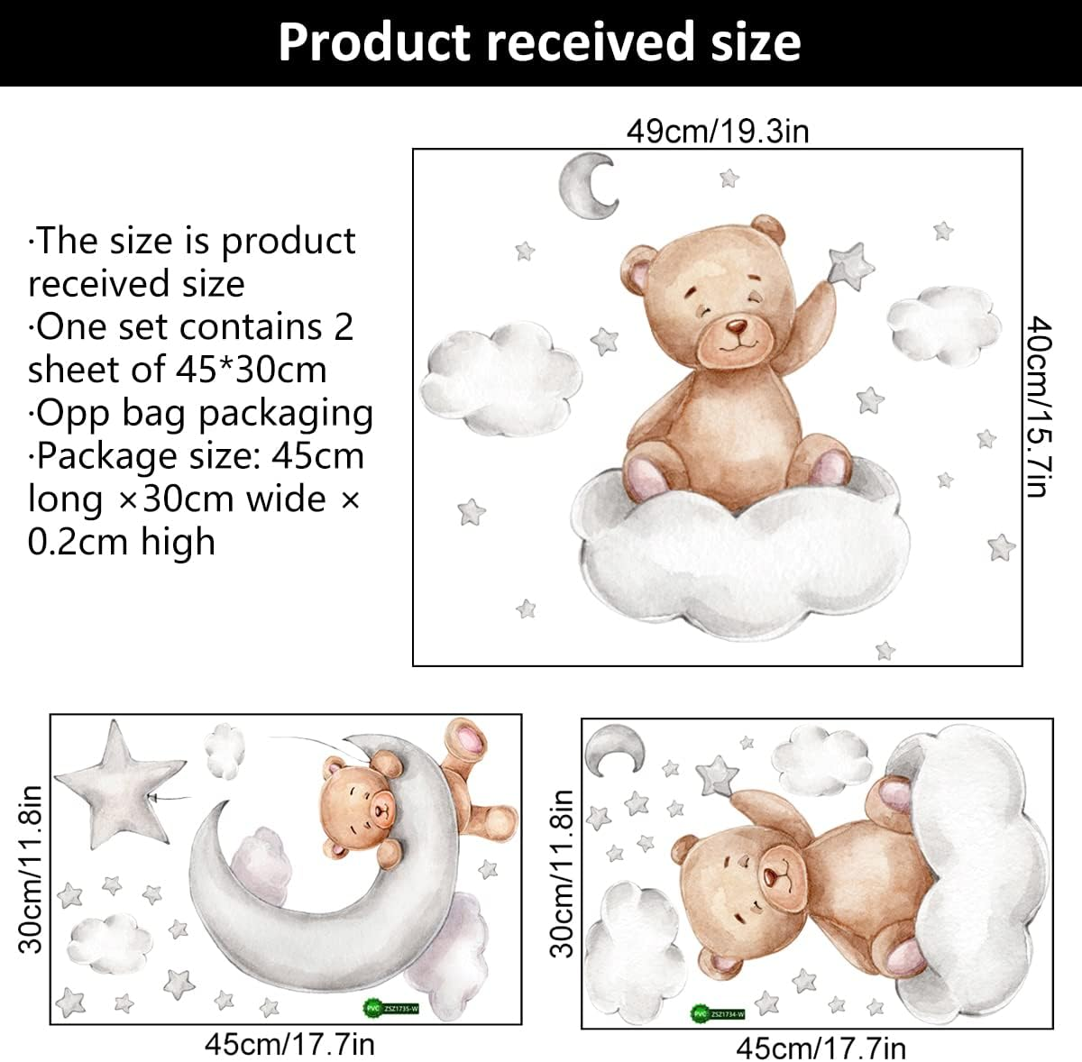 Set of 2 Cartoon Cute Bear Moon and Stars Wall Stickers PVC Stick Wall Sticker Mural Removable Self-Adhesive Wall Decal for Kids Baby Room Bedroom Nursery Playroom Home Decor image number 5