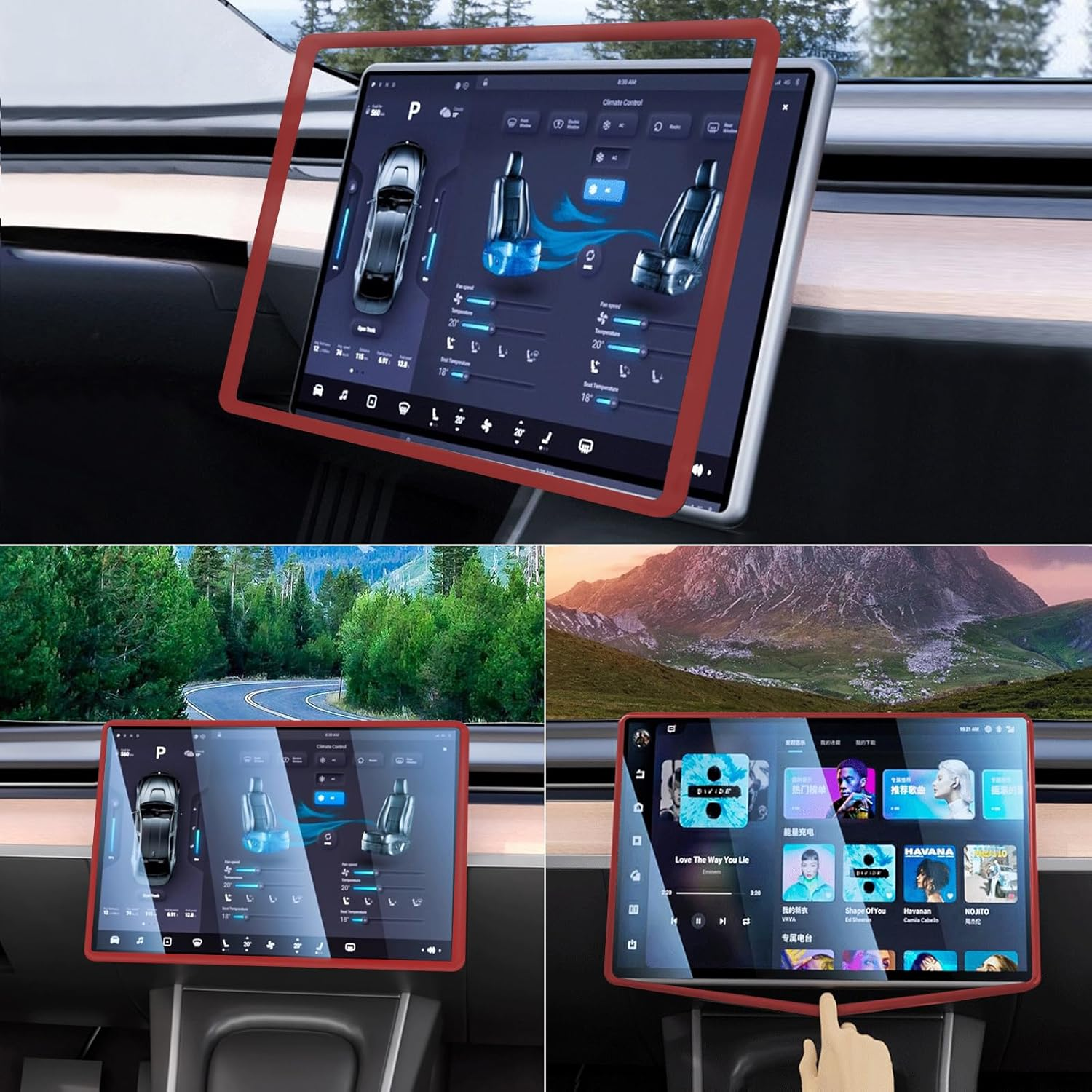 2PCS Protector Trim Frame Compatible with Tesla Model 3 Y 2019-2024 2025 Screen Edge Frame Rearview Mirror Cover Interior Silicone Decorations Center Console Decor Highland Juniper Accessories (Red) image number 1