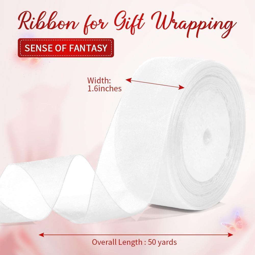 White Ribbon 1 1/2 Inch Chiffon Ribbon Organza Ribbon Sheer Organza Ribbon 50 Yards Tulle White Ribbon for Gift Wrapping Halloween Christmas Ribbons for Crafts Wedding Ribbon for Flower Bouquet Hair image number 6