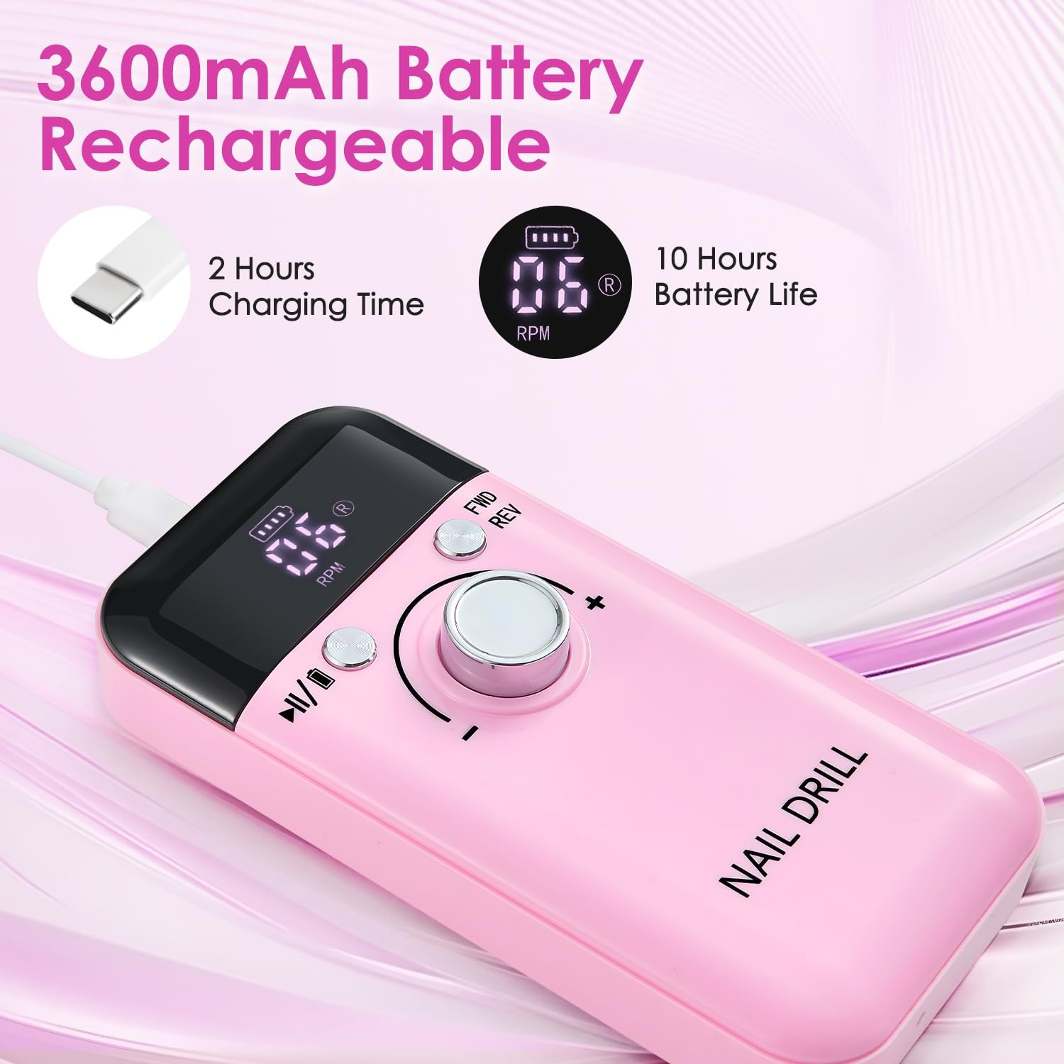 AUTOWT Portable Electric Nail Drill Professional with LED Display, Rechargeable 45000RPM Electric Nail File with 11 Nail Drill Bits, Low Noise, Low Vibration for Manicure Pedicure Salon Home (Pink)