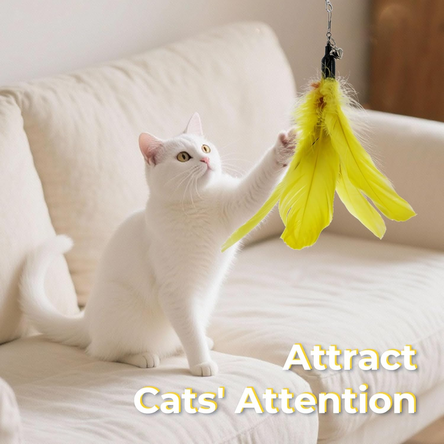 SONGWAY Cat Toy Wand Replacement - 6 Pieces Cat Toys, Cat Feather Toy Refills, Cat Teaser Wand Attachments, Interactive Cat Toys for Indoor Cats Light-Colored Feathers