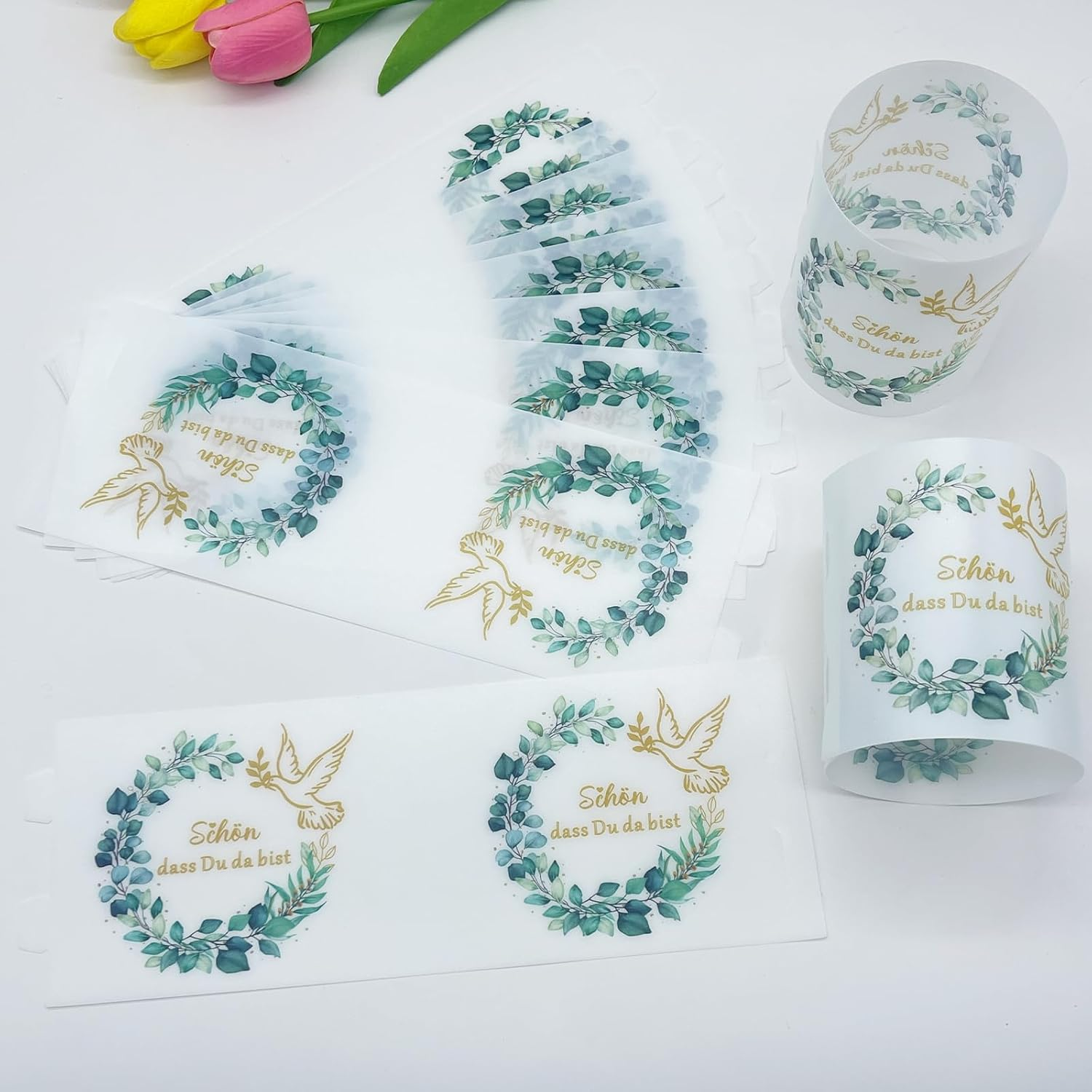 Pack of 12 Tea Lights Table Decoration, Sch&ouml;n DASS Du Da Bist Decorative Christening Lantern, Christening Eucalyptus Tea Light Glasses, Table Decoration Green for Birthday Confirmation Party Favours image number 1