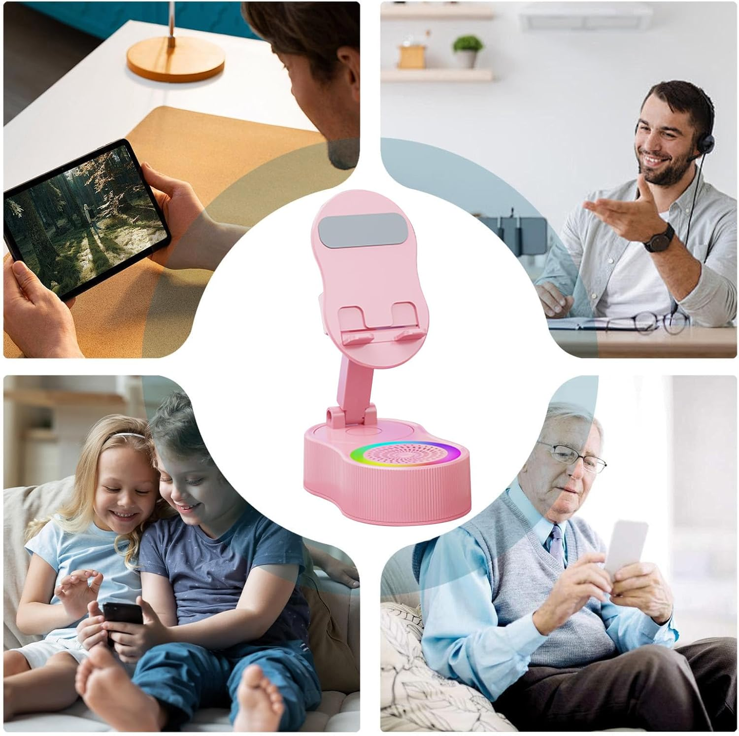 Frfik Cell Phone Stand with Speaker | Wireless Speaker Audio Stand with Light - Sound Dock Tablet Live Streaming Bracket for Home Travel Dormitory Vacation Apartment Hotel