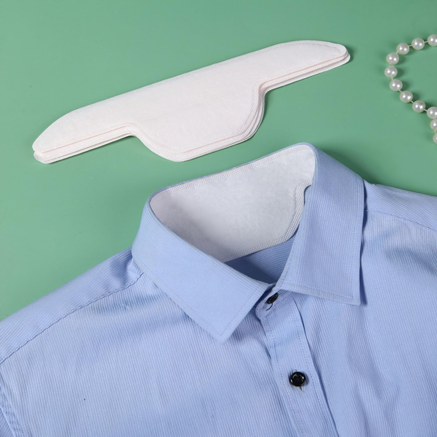 Arrerr 50 Pack Disposable Collar Protector Sweat Pads Sticker Self-Adhesive Grime Side Lining Stand Sticky Neck Liner for Hats Shirt Cuff Men Women Dress Shirts Hats Summer image number 4