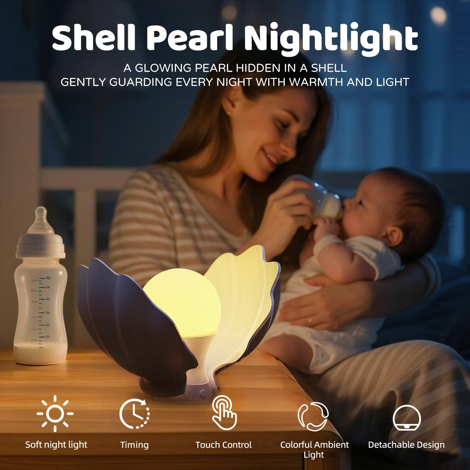 Night Light for Kids, Baby Shell Light with 7 Colors Changing Mode & Stepless Dimming, Soft BPA Free Silicone Touch Night Lamp, Rechargeable Nursery Night Light for Breastfeeding