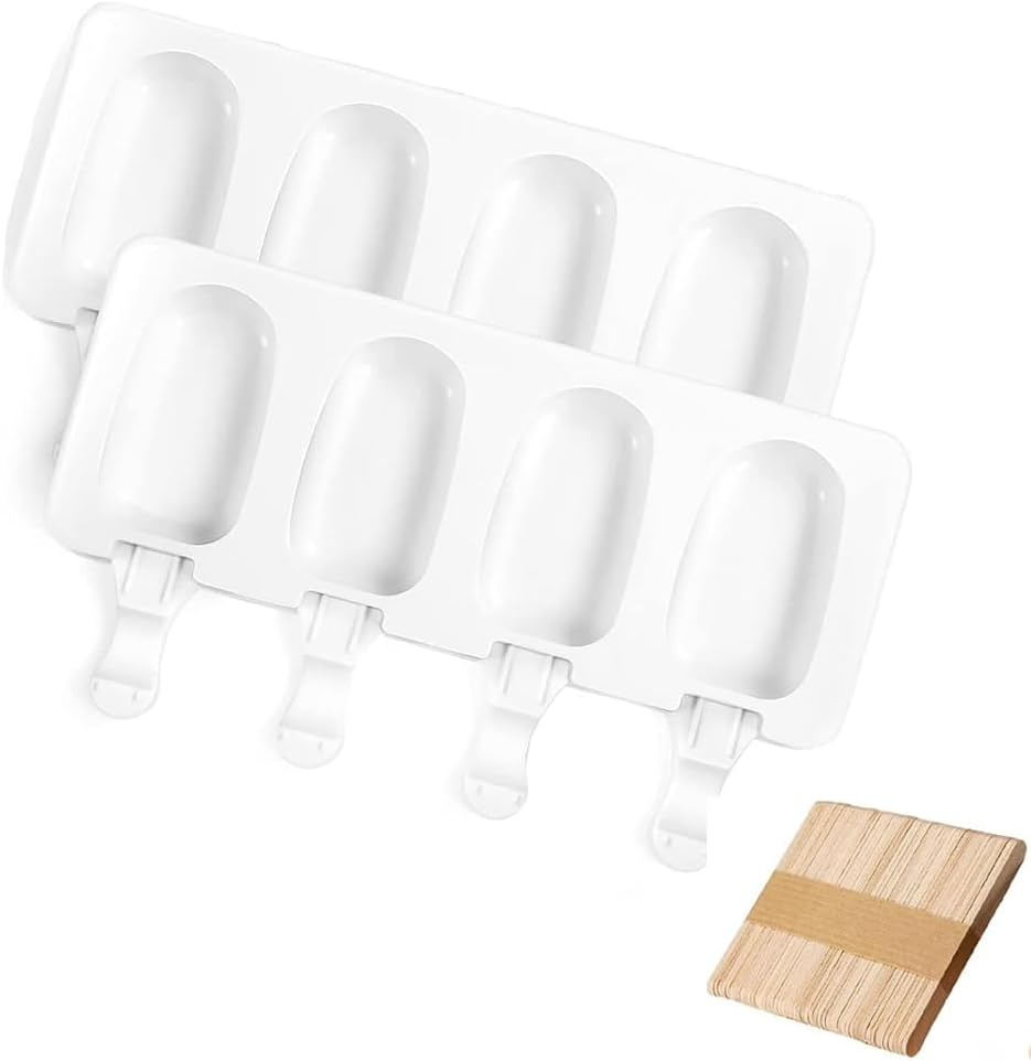 2 Pieces Ice Cream Moulds, 4 Compartments White Ice Cream with 50 Wooden Sticks, Silicone Ice Cake Mould, Cheese Sticks for DIY Ice Lolly (21.5 X 12.5 X 2 Cm) image number 3