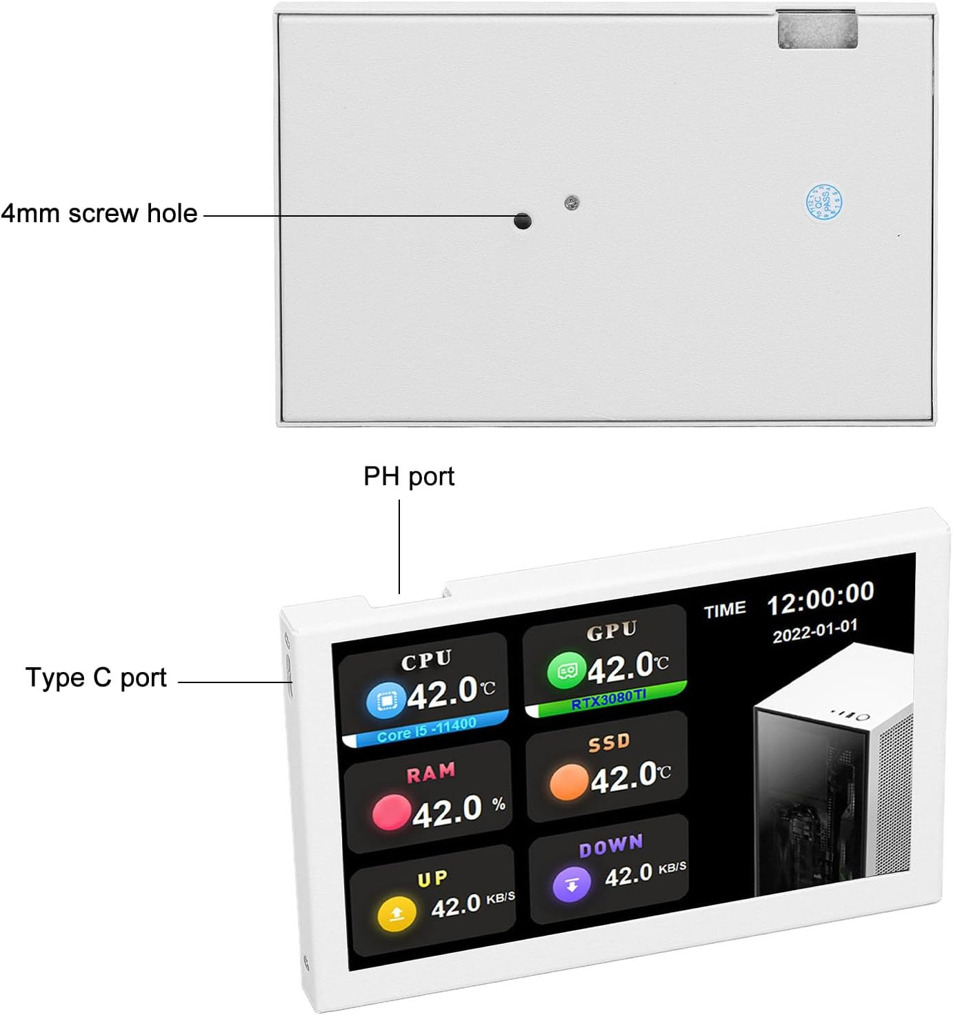 IPS USB Mini Screen, 12.7Cm Temperature Display Monitor, 800X480 Resolution, Aluminium Alloy, White, Type C Interface image number 5