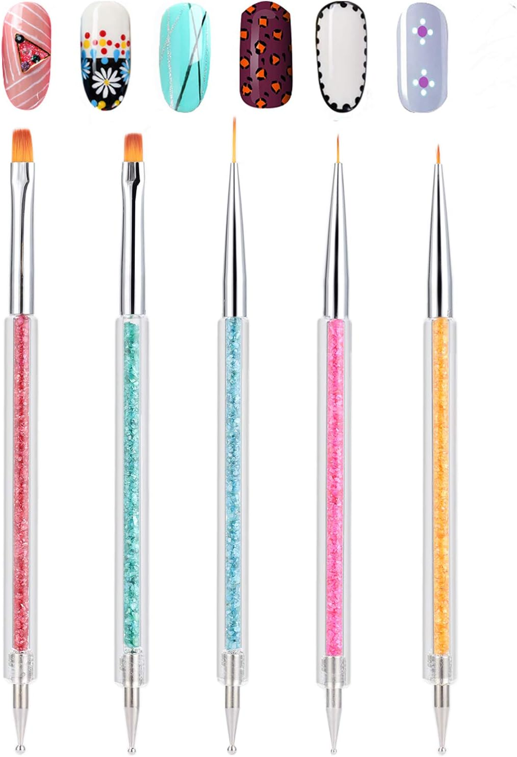TEOYALL Double-Ended Nail Art Brushes, 5 PCS Nail Design Tools Kit Including Nail Liner Brush and Nail Dotting Pens for UV Gel Nail Home Salon image number 6