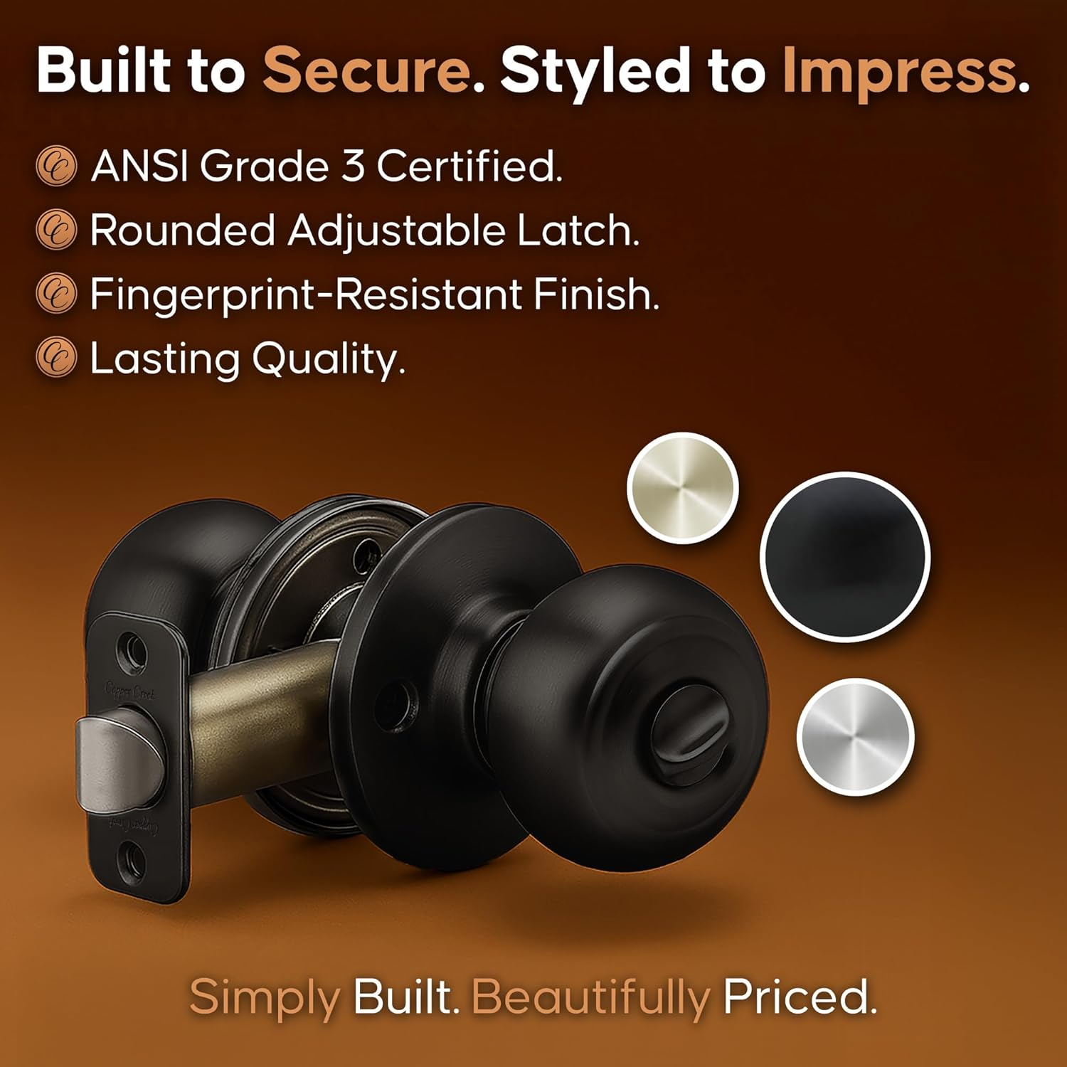 Copper Creek Matte Black Door Knobs - round Colonial Knob with Privacy Locking Function for Home Improvement, 2 Pack - Fits All Standard Doors - Locking Door Knob for Bedroom and Bathroom Use image number 4