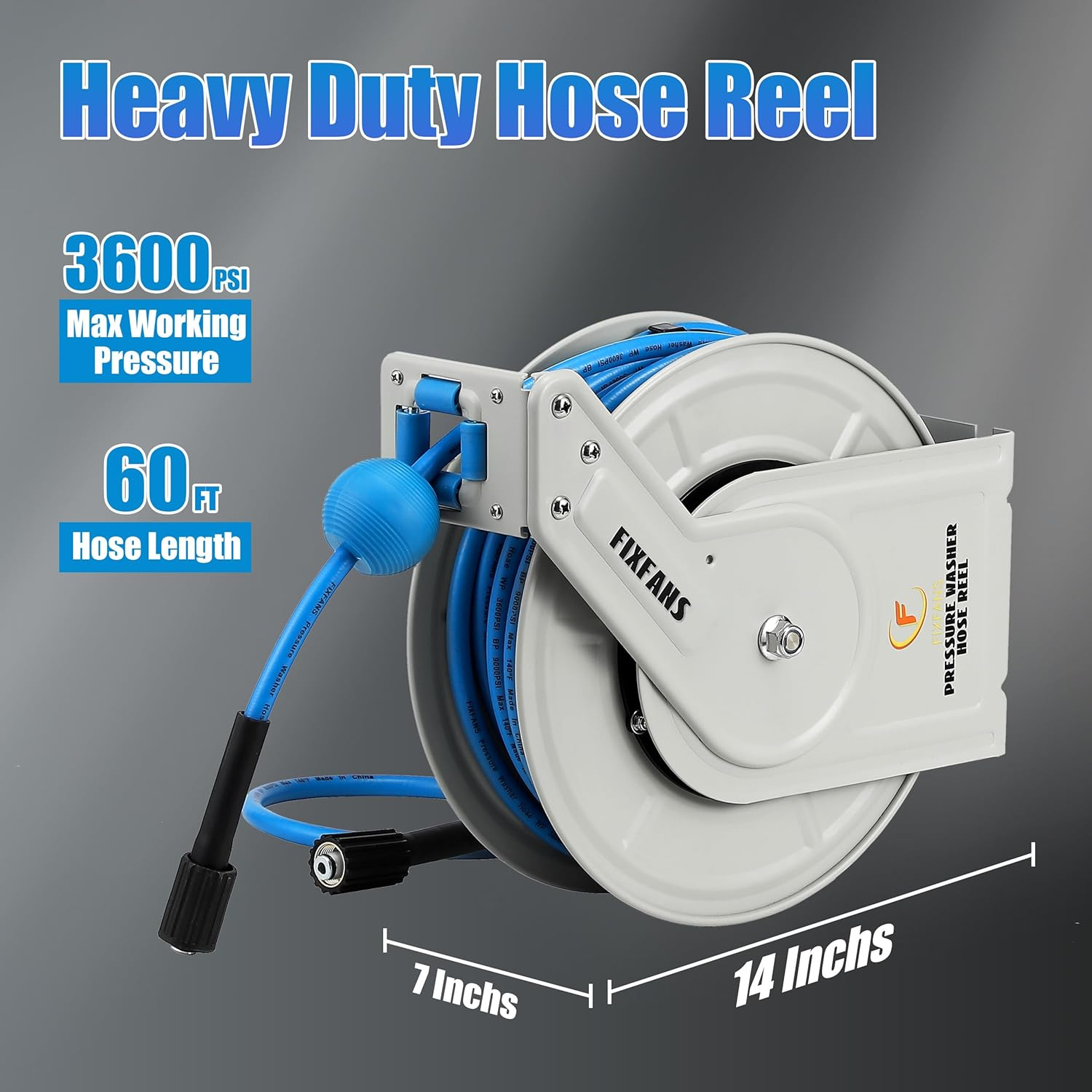 FIXFANS Pressure Washer Hose Reel with Hose, 1/4" &times; 60Ft Retractable Power Washer Hose Reel, Heavy Duty Hose Reel Auto Rewind, Wall Mounted, 3600 PSI image number 6