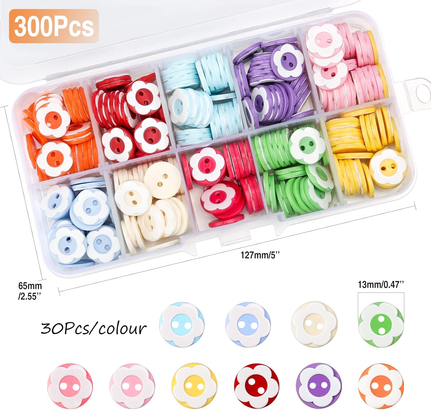 HXC 300 PCS Colorful Craft Buttons 2 Hole Double Flower round Resin Buttons for Sewing Knitting Crafting Baby Cardigans with Plastic Storage Box image number 1