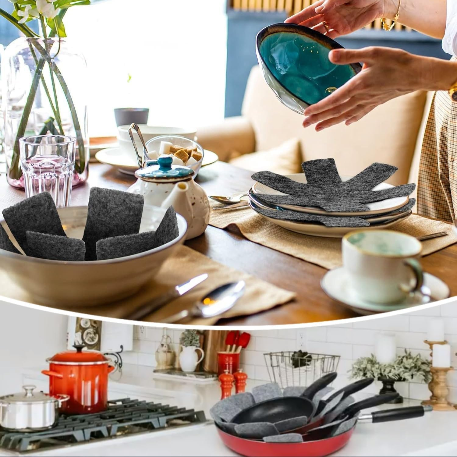 Taicols Pot and Pan Protectors, 15 Pcs Cookware Protector Sets, Non-Slip Pans Separator to Prevent Scratches, 3 Different Sizes of Pot Covers, Pots and Pans Divider Non-Slip Mats (Gray)