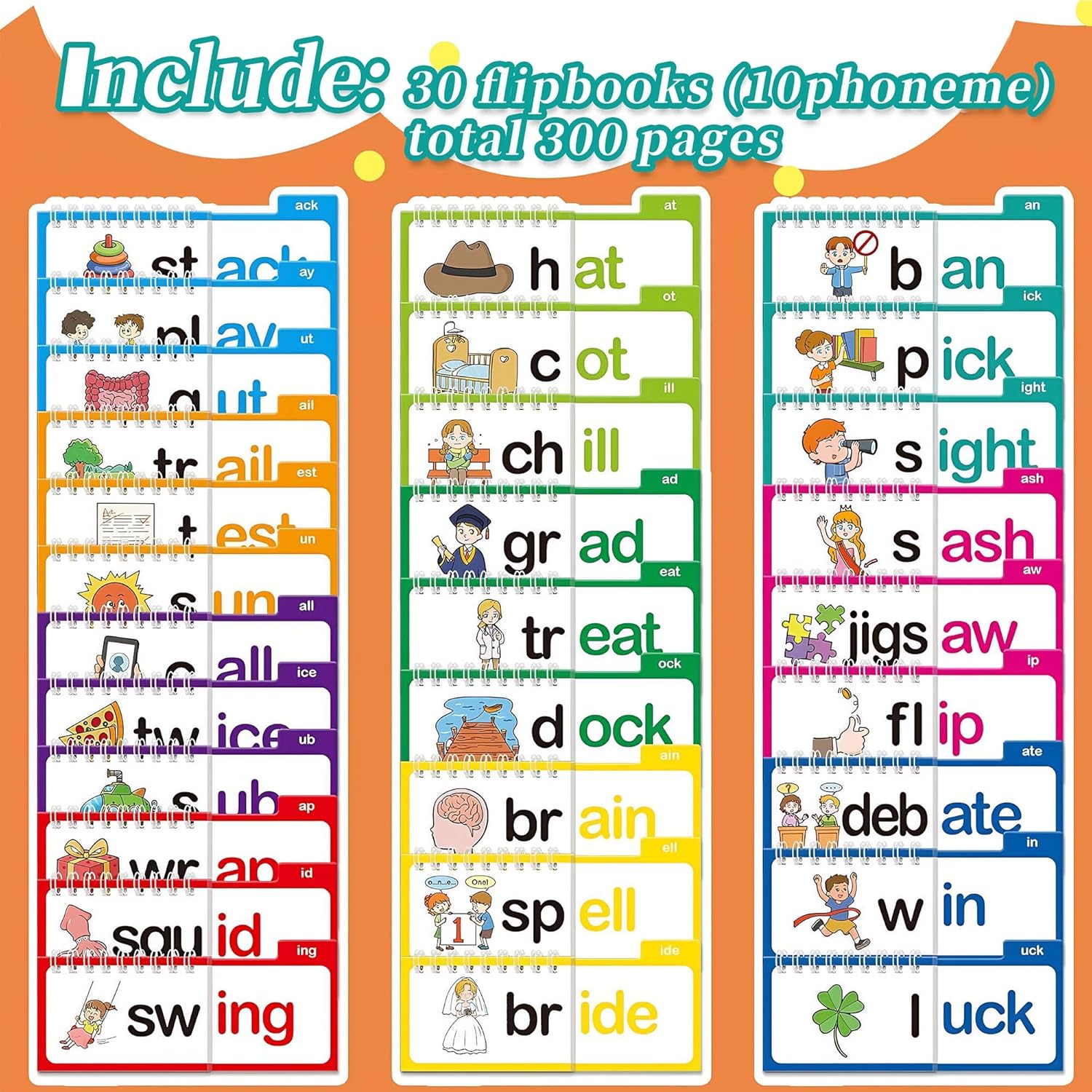 30 Read and Rhyme Flip Books - Word Family Phonics Flash Cards, ABC Vocabulary Set, Preschool Learning Activities&ndash; Learn to Read Card Aids for Kids, Kindergarten Reading Games Educational Gift Set image number 2