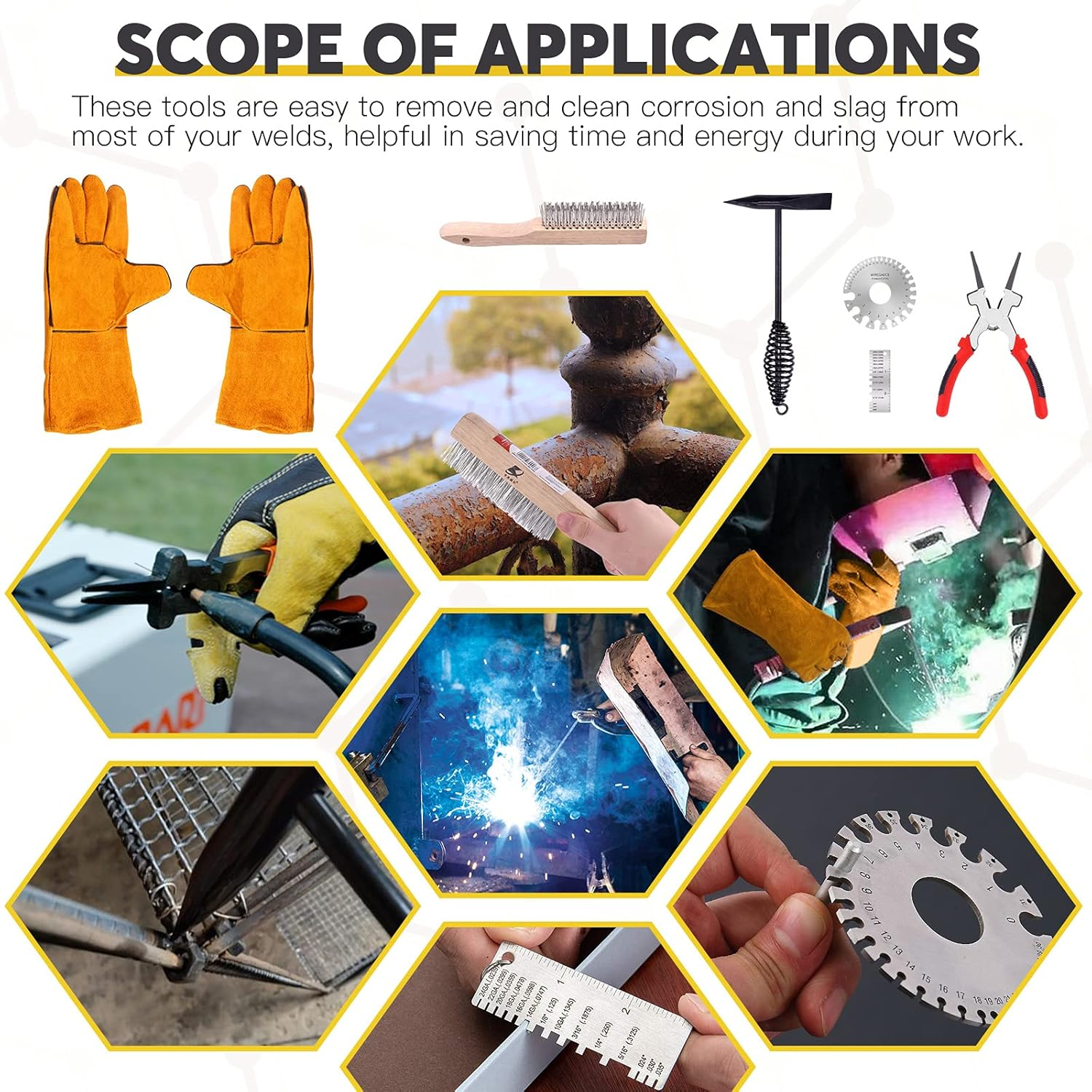 Mardatt 6Pcs Industrial Slag Removal Welding Tools and Accessories Includes 10 Inch Welding Chipping Hammer, 8 Inch Welding Pliers, Wire Brush, Welding Gloves, Wire Gauge, Metal Sheet Thickness Gauge image number 3