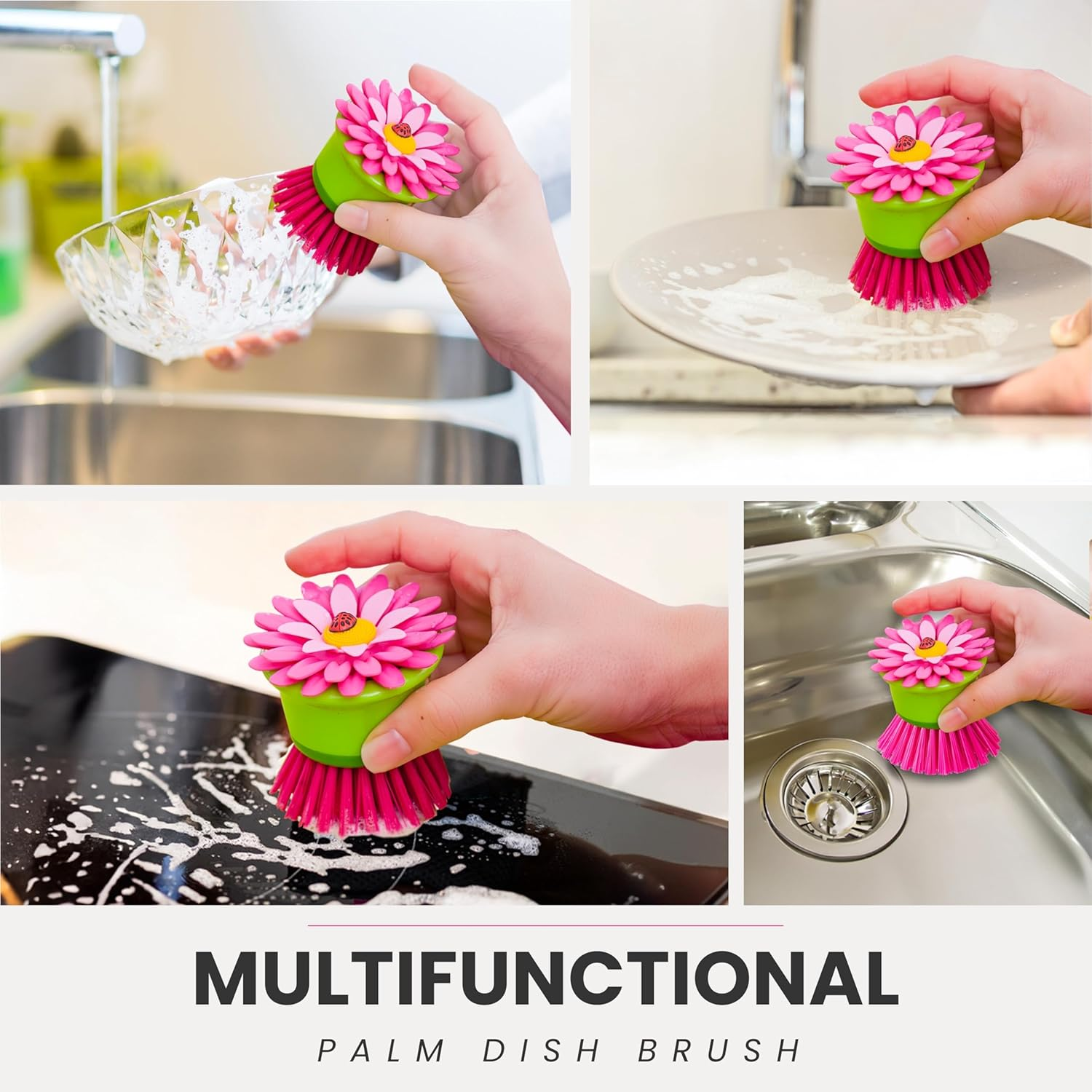 VIGAR Flower Power Palm Dish Brush with Holder, Pink (2 Pieces) image number 4