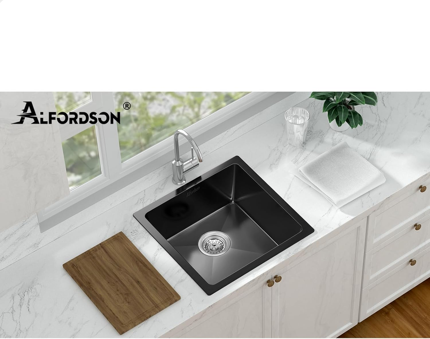 ALFORDSON 304 Stainless Steel Kitchen Sink Square Shape, 440 X 440 X 205Mm, Water Basin Sinks with 3Mm Thick Edge, Single Spacious Bowl with Waste Strainer, Dishwashing Workstation, Black Colour image number 1