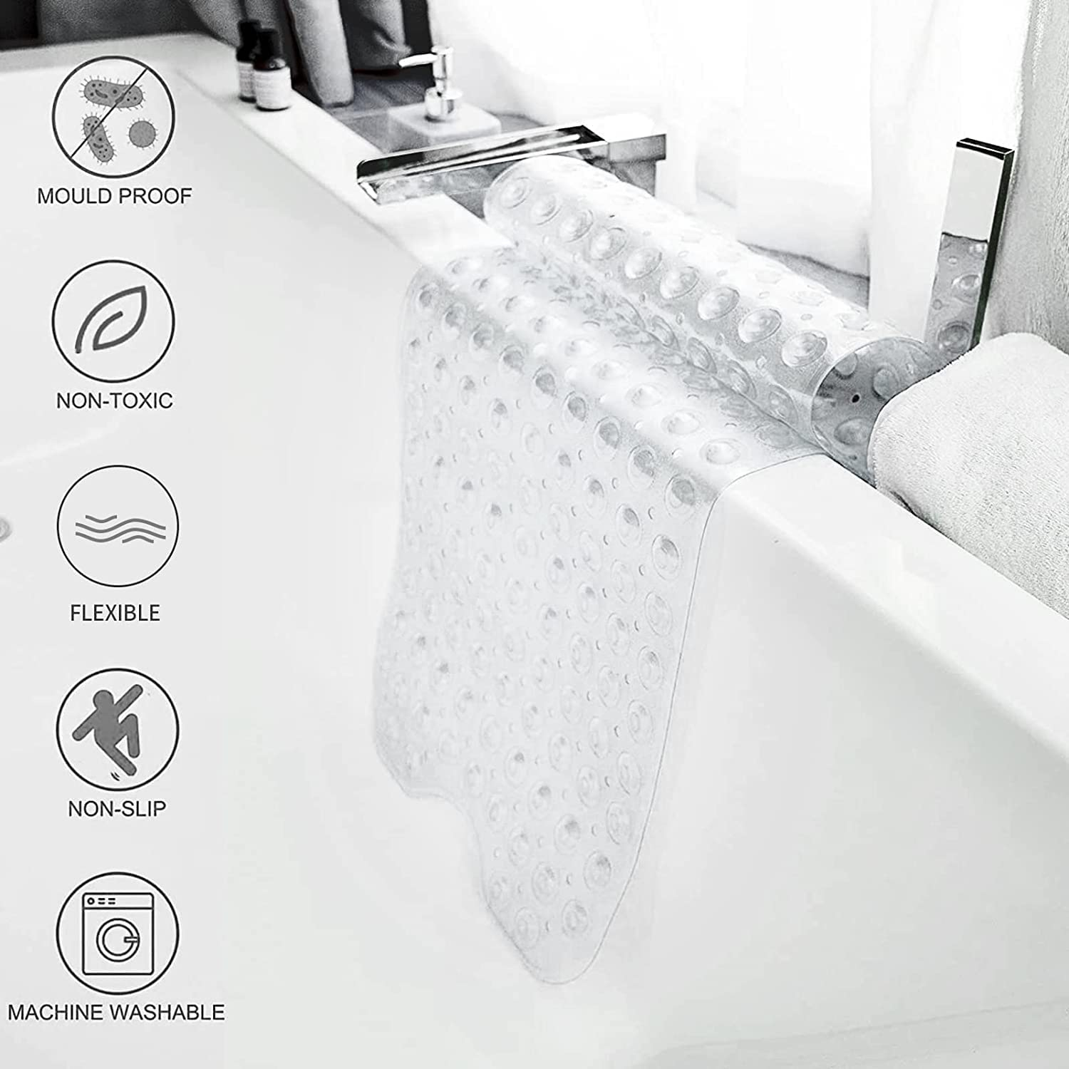 Non-Slip Bath Mats for Bathroom anti Mould Bathtub Mats with Suction Cups and Drain Holes Non Slip Shower Mat for Adults &Old People 100 X 40Cm - Clear (Clear)