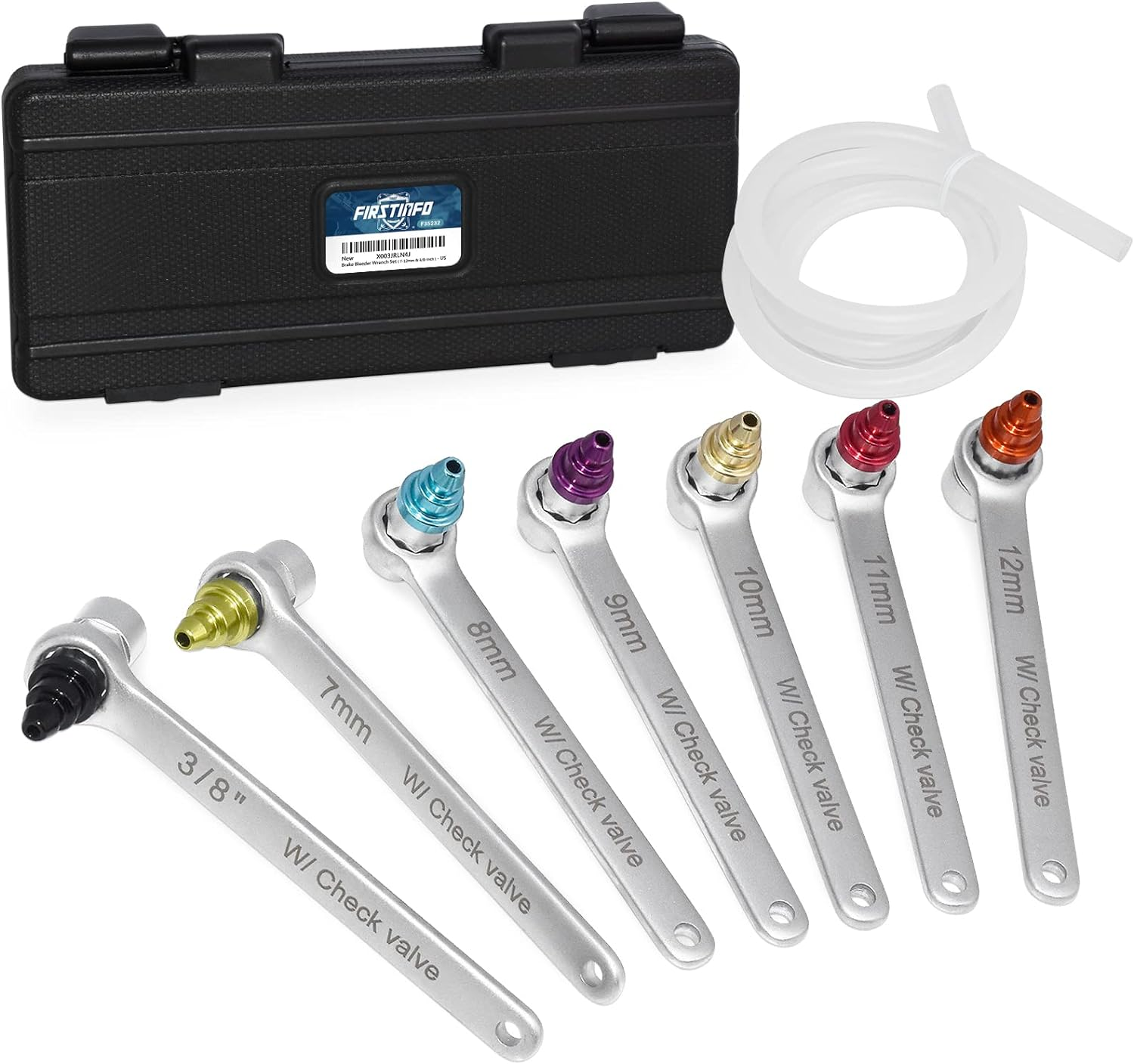 FIRSTINFO F35232 Patented Brake Bleeder Wrench Set 7-12Mm & 3/8-Inch 6 Point Socket Brake Bleeding Wrench Built-In One-Way Check Valve with Oil Drain Hose image number 1
