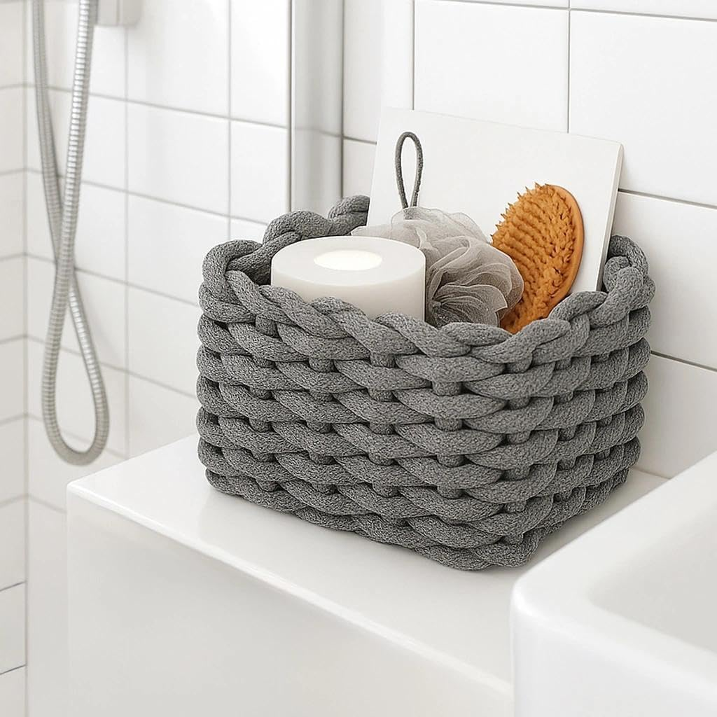 Cotton Storage Basket, Basket, Braided Basket, for Toilet Paper, Cosmetics, Toys, Home Accessories, 19 X 15 X 12 Cm, Grey, Pack of 2 image number 1