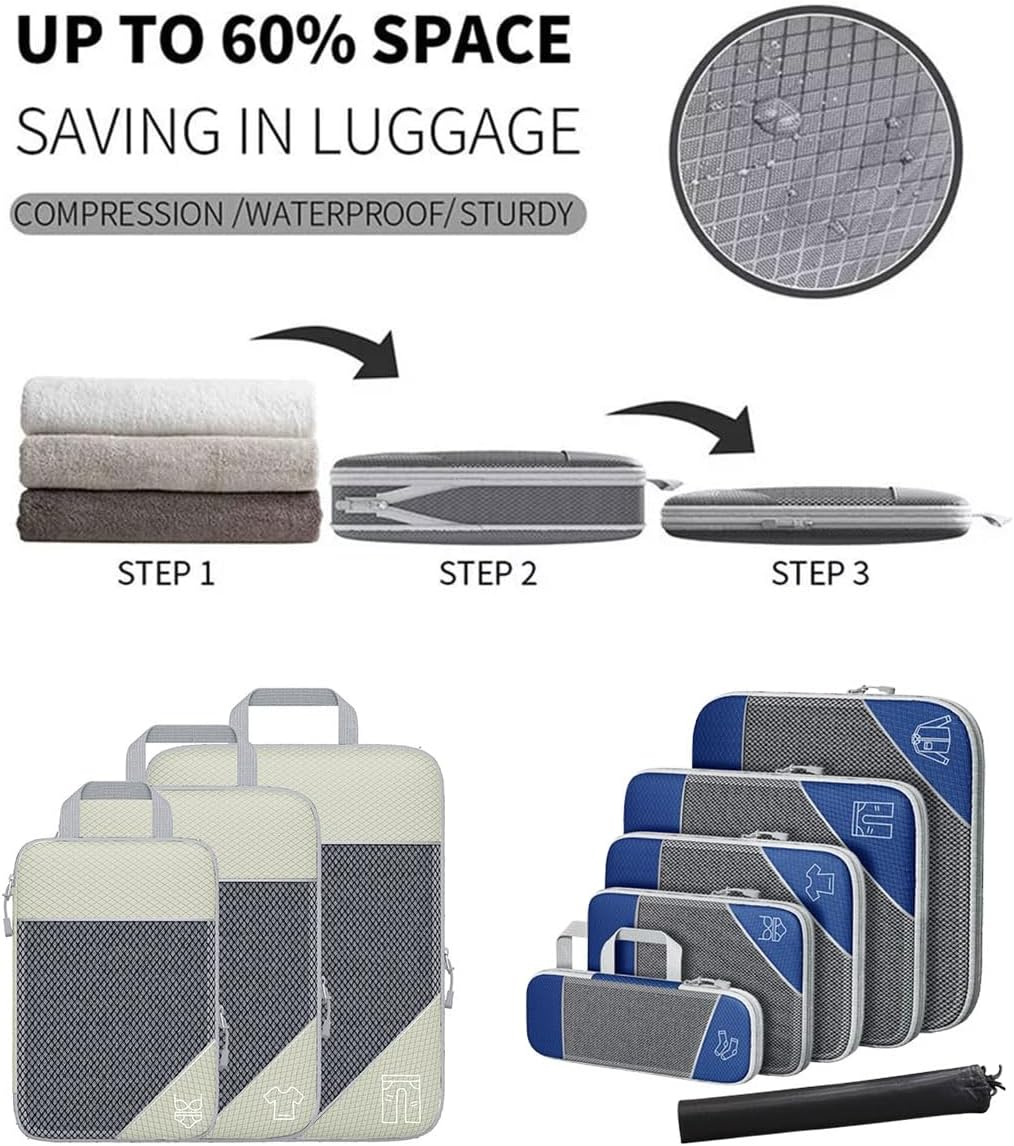 AIMALL 6-Pack Travel Storage Bags for Luggage Organizer, Compression Packing Cubes with Handles, Waterproof Nylon Mesh Laundry Bags for Travel Accessories image number 3