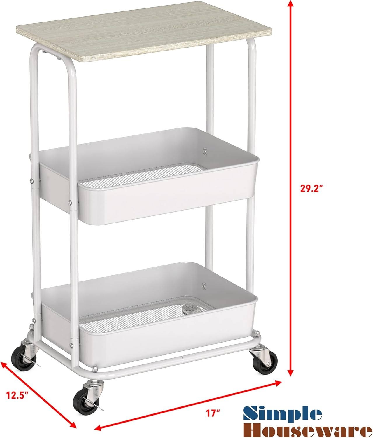 Simple Houseware 3 Tier Trolley Cart with Top Board, Metal Utility Cart, Maple image number 3