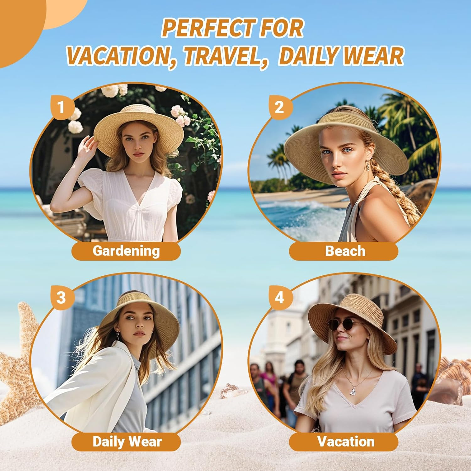 XMMAXFLOW Sun Hats for Women Beach Hats Wide Brim Straw Sun Visors Ponytail Hat Summer Packable Foldable Travel image number 3