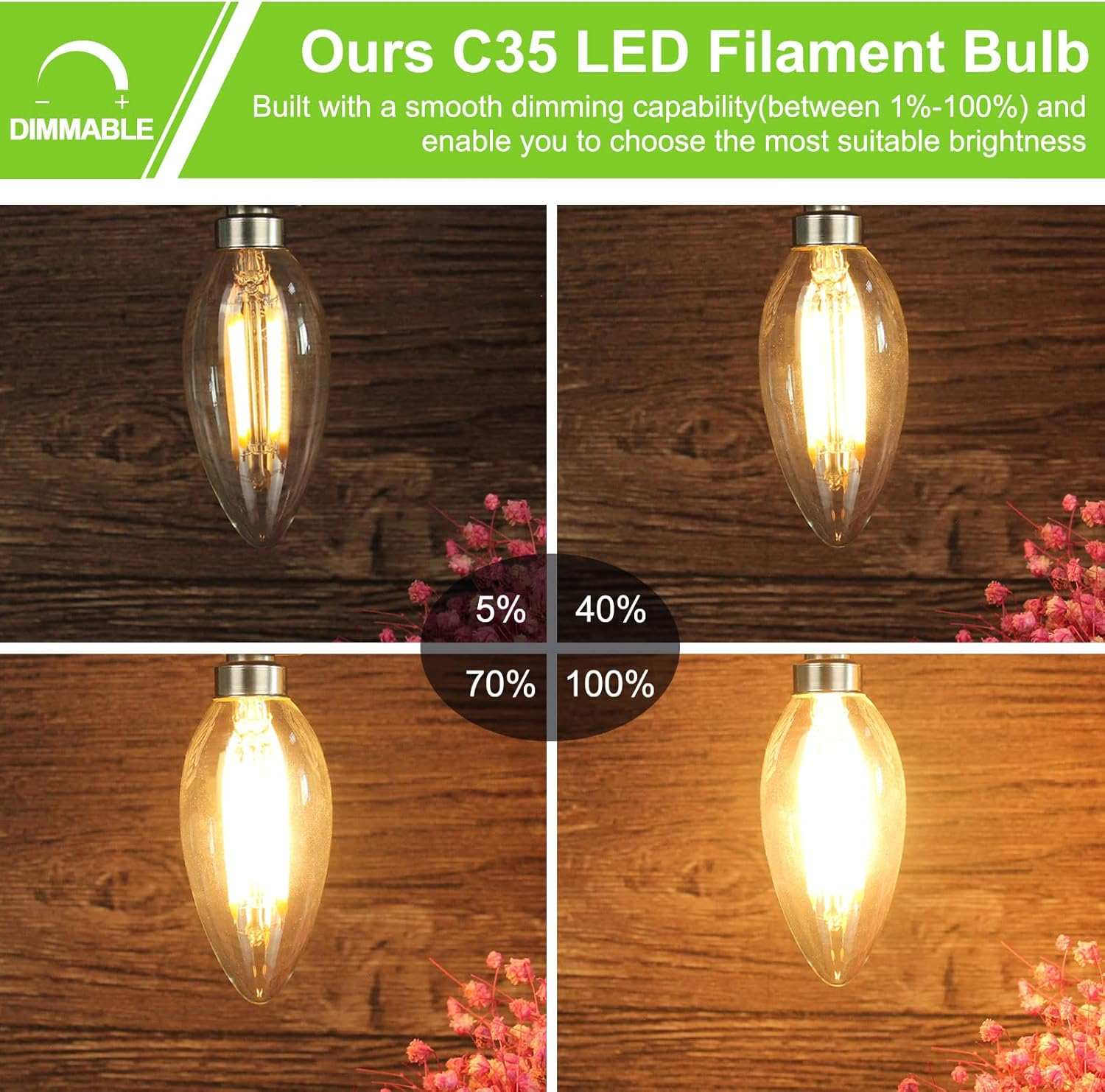 ROMANJOY 4W LED Candle Bulbs, 2700K Warm White Dimmable E14 LED Bulb, 40W Equivalent Small Edison Bulb, C35 LED Filament Bulb for Chandelier Ceiling Fan Lights, 5 Pack image number 3