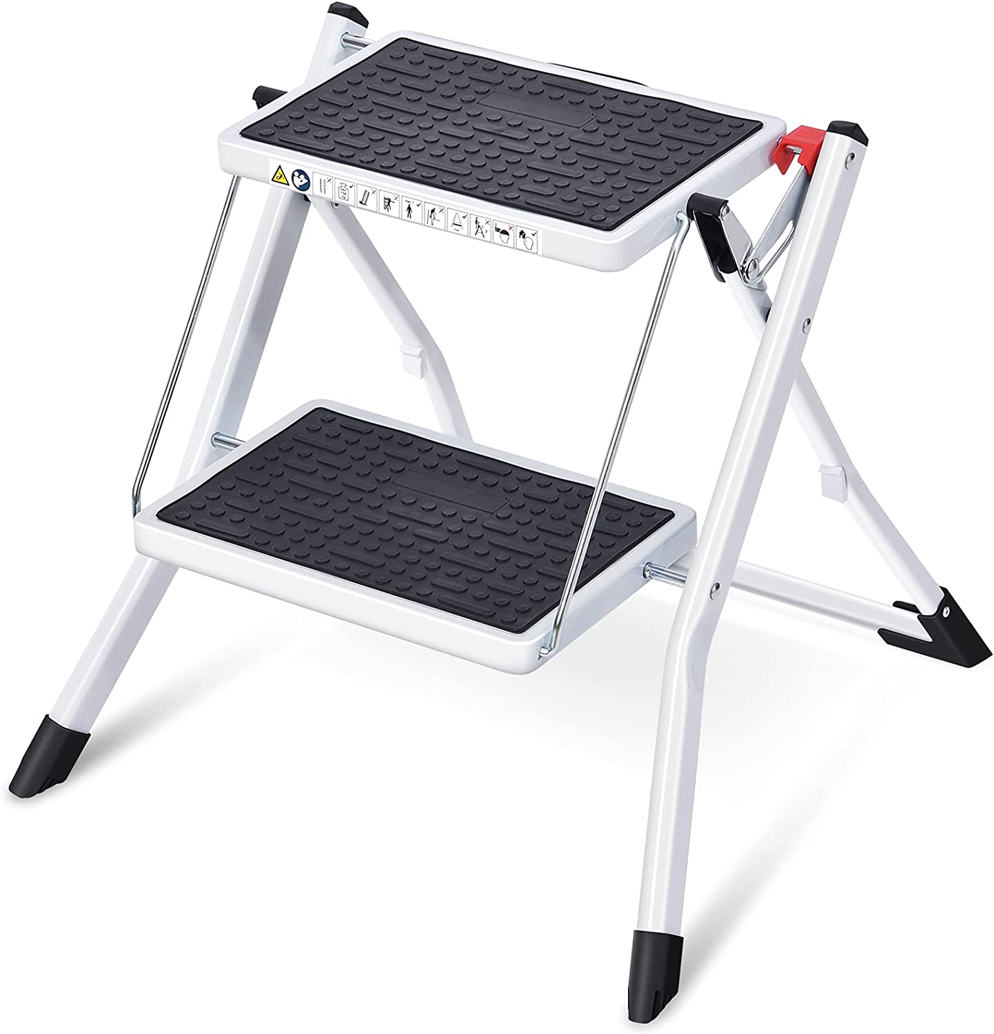 KINGRACK Folding Step Ladder, 2 Step Ladder, Folding Ladder with Non-Slip Rubber Mat, Step Stool with Release Button, Lightweight Steel, Holds up to 150 Kg, Black