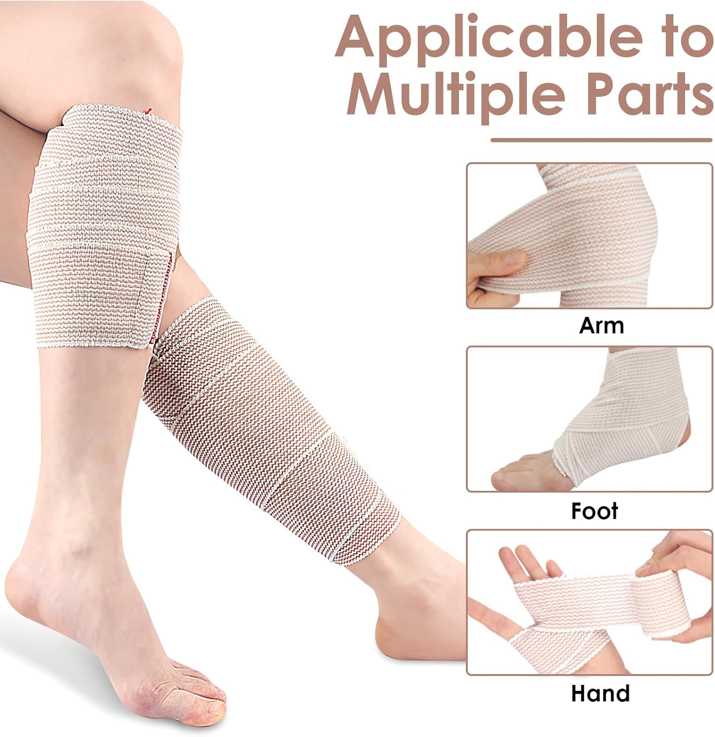 6 Pcs Elastic Compression Bandage, 3 Size (2X5Cm, 2X7.5Cm, 2X10Cm) Self Adhesive Cohesive Cotton Elastic Tape, Self-Closures for Foot Ankle Knee Wrists Elbows Thighs Torso image number 2
