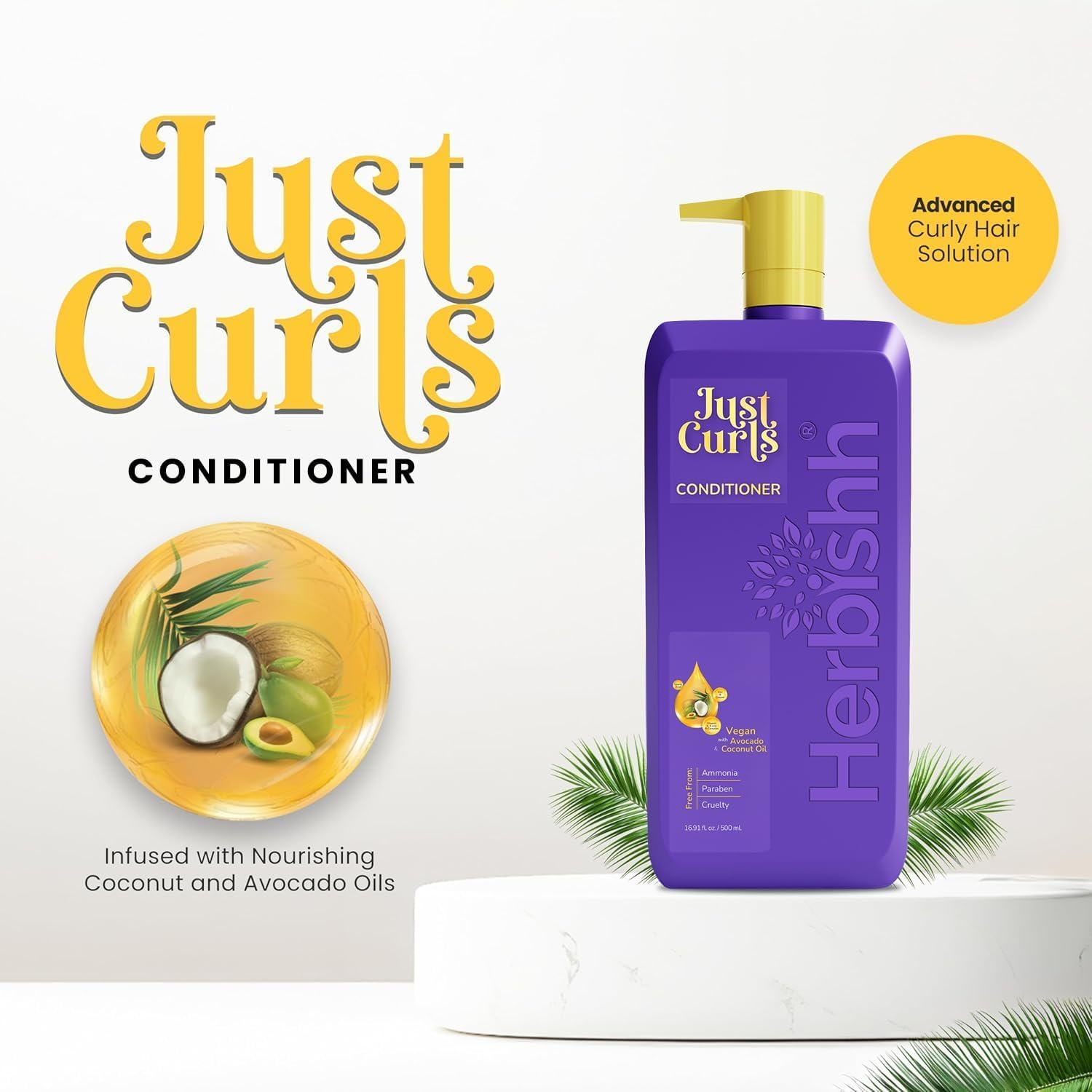 Herbishh Just Curls Vegan Conditioner for Curly Hair Products Kit Enriched with Avocado & Coconut Oil for Dry Damaged, Wavy, Curly Hair Gift Set for Women & Men (500 Ml) image number 3