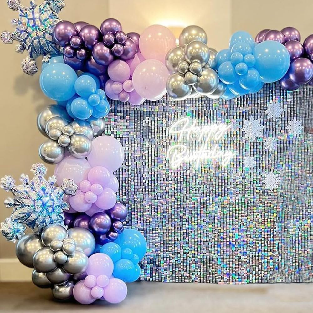 Blue Purple Snowflake Frozen Balloon Garland Arch Kit,148Pcs Ice Snow Blue Purple Silver White Snowflake Foil Balloons for Winter Wonderland Baby Shower Snow Princess Girls Birthday Party Decor (Blue)