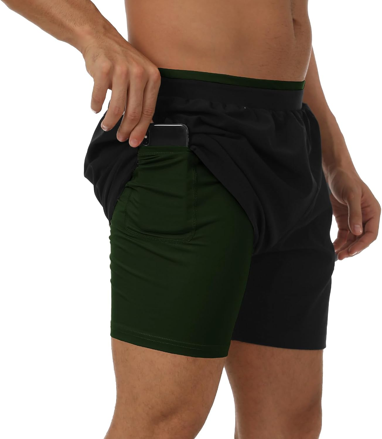 Queday Mens 2 in 1 Black Running Shorts with Liner 5 Inch Quick Dry Gym Athletic Workout Shorts with 2 Side Pockets Hidden Pocket Inner Pocket