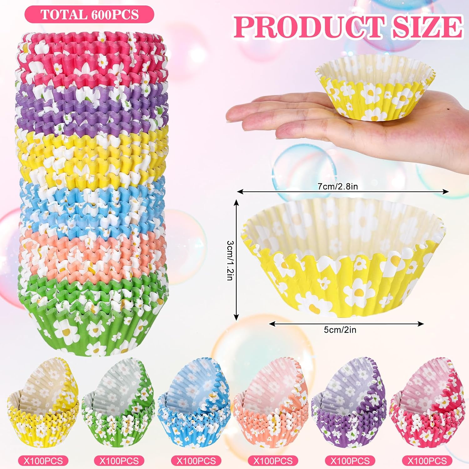Whaline 600Pcs Colorful Daisy Flower Cupcake Liners Spring Rainbow Color Cupcake Wrappers Baking Cup Boho Groovy Hippie Party Muffin Liners for Spring Summer Baby Shower Wedding Birthday Party image number 3