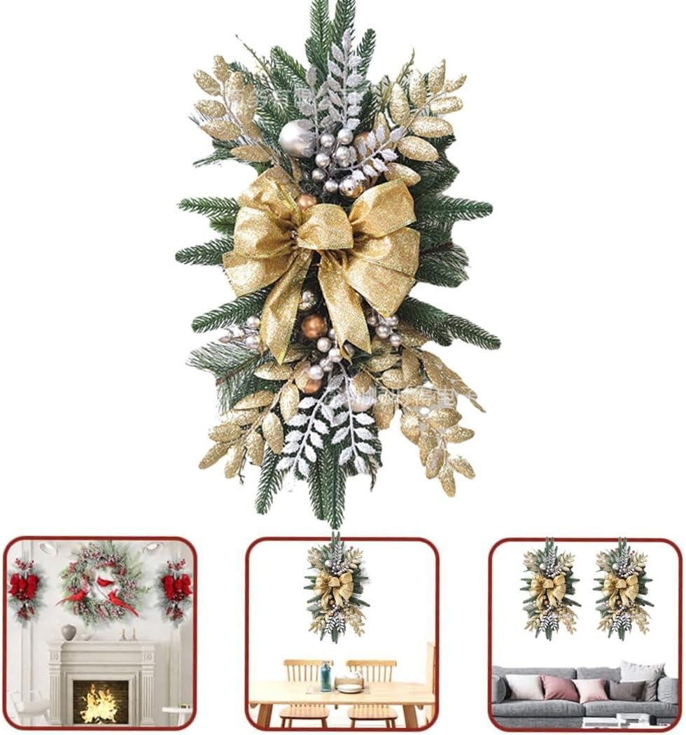 Cordless Pre-Lighting Stair Decoration, Christmas LED Wreath for Indoor Outdoor Home Christmas Front Door Holiday Wall Window Ornament (Gold)