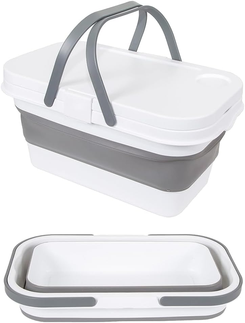 TOMVAES 16L Collapsible Picnic Basket with Handles & Lid - Picnic Basket with Table Foldable, Lightweight, Water-Proof & Leak-Proof for Picnics, Camping, Travelling and Road Trips (White)